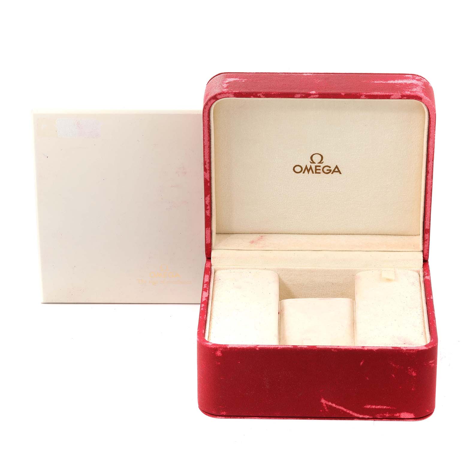 The image shows an open Omega watch box for a Seamaster model, displaying the interior compartments and brand logo.