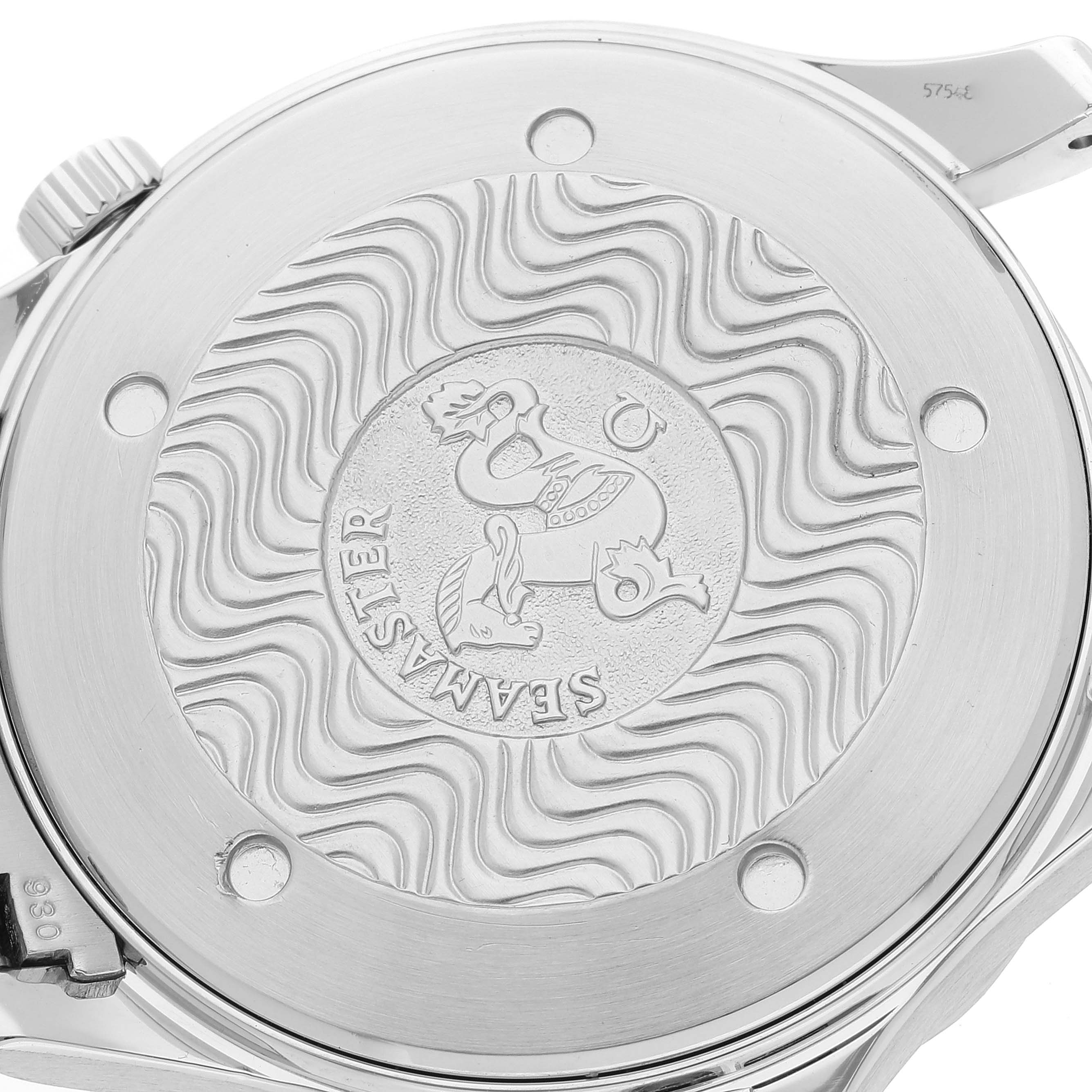 The image shows the case back of an Omega Seamaster 2265.80.00 Men's Stainless Steel Blue Dial 2265.80.00 Men's Stainless Steel Blue Dial watch, featuring an engraved design.