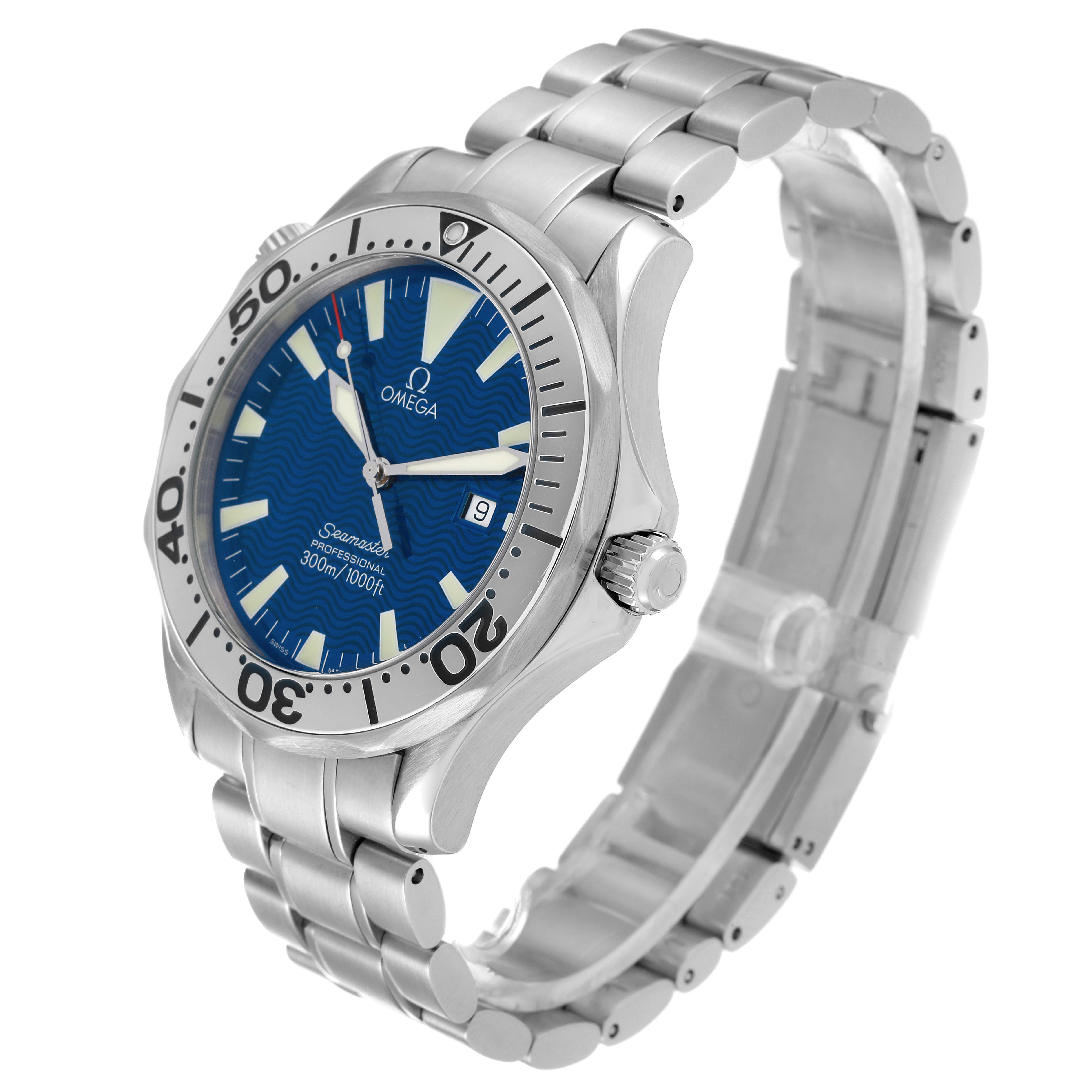 The image shows an angled side view of an Omega Seamaster 2265.80.00 Men's Stainless Steel Blue Dial 2265.80.00 Men's Stainless Steel Blue Dial watch, highlighting the blue dial, bezel, crown, and stainless steel bracelet.