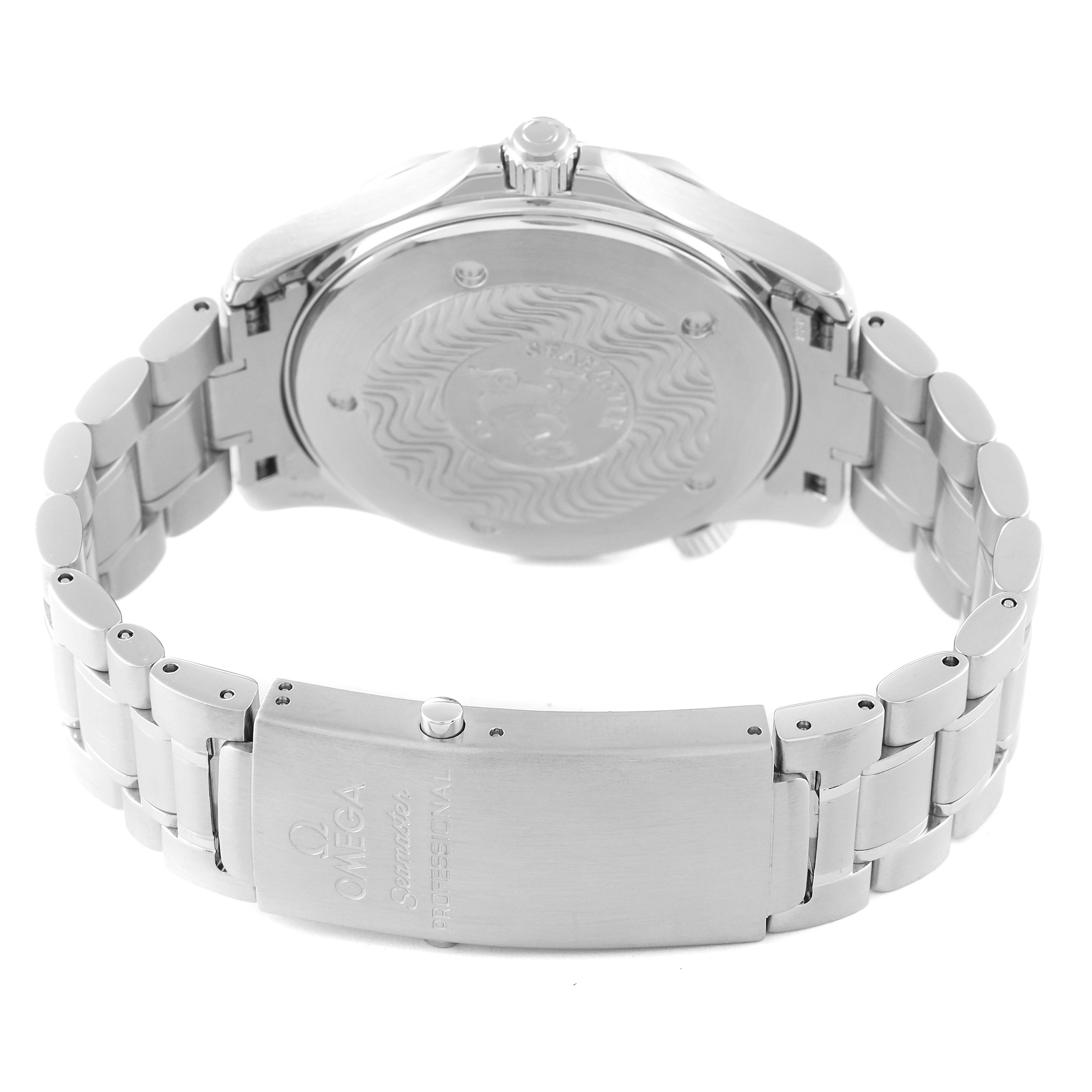 This image shows the back view of an Omega Seamaster 2265.80.00 Men's Stainless Steel Blue Dial 2265.80.00 Men's Stainless Steel Blue Dial watch, highlighting the case back and clasp of the bracelet.