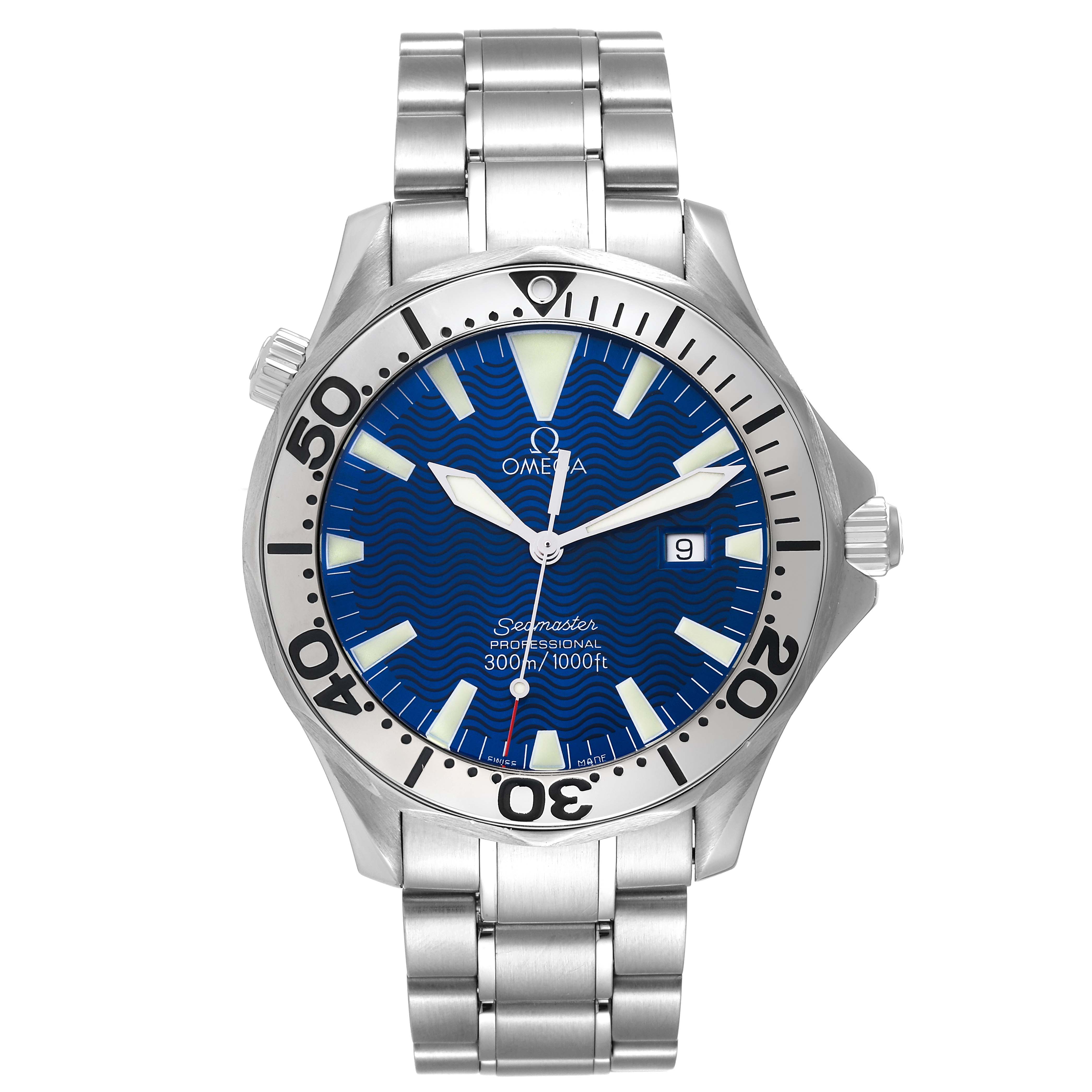 The image shows a front view of the Omega Seamaster 2265.80.00 Men's Stainless Steel Blue Dial 2265.80.00 Men's Stainless Steel Blue Dial watch, highlighting the dial, bezel, and metal bracelet.