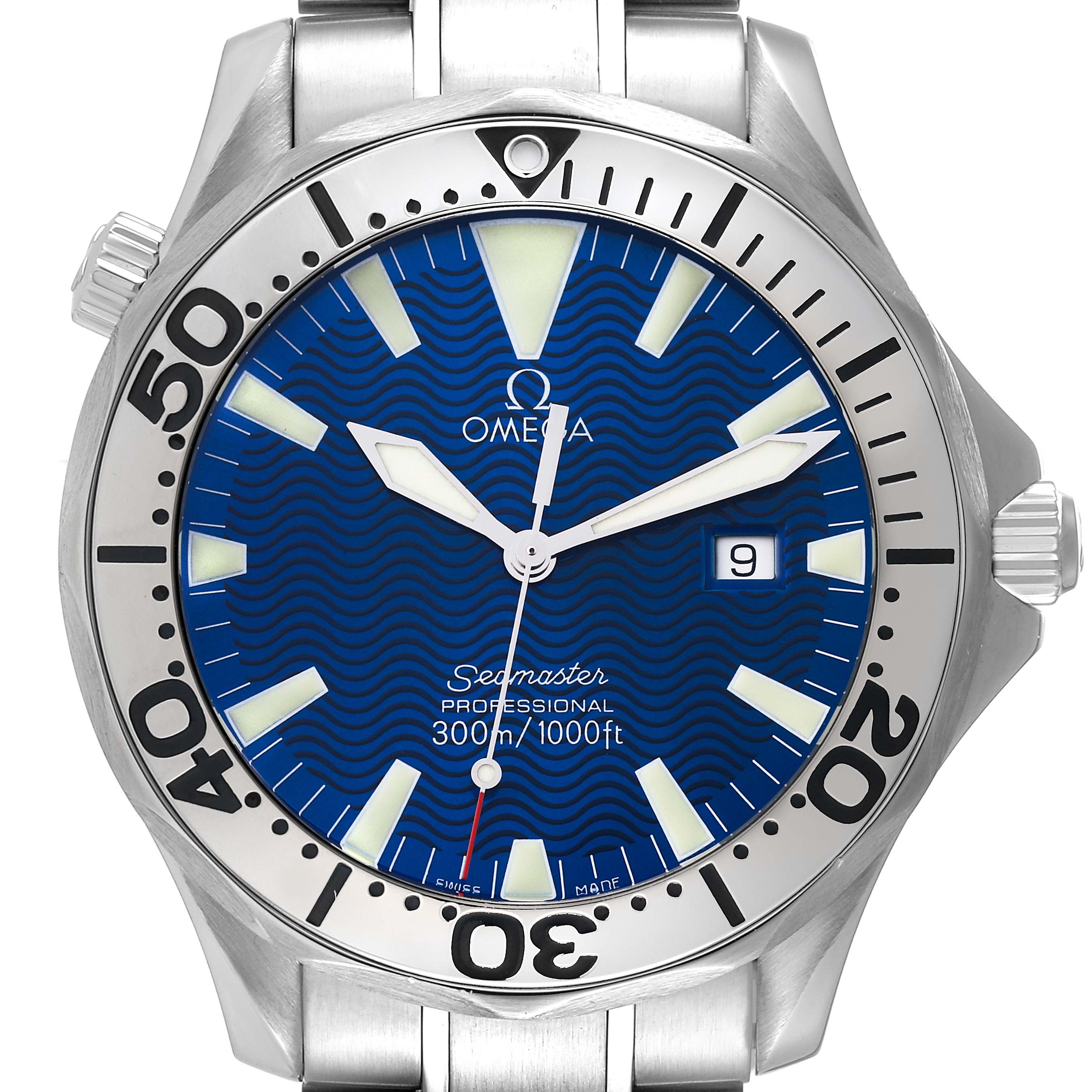 This image shows a front view of the Omega Seamaster 2265.80.00 Men's Stainless Steel Blue Dial 2265.80.00 Men's Stainless Steel Blue Dial watch, highlighting its blue dial, date window, and stainless steel bezel.