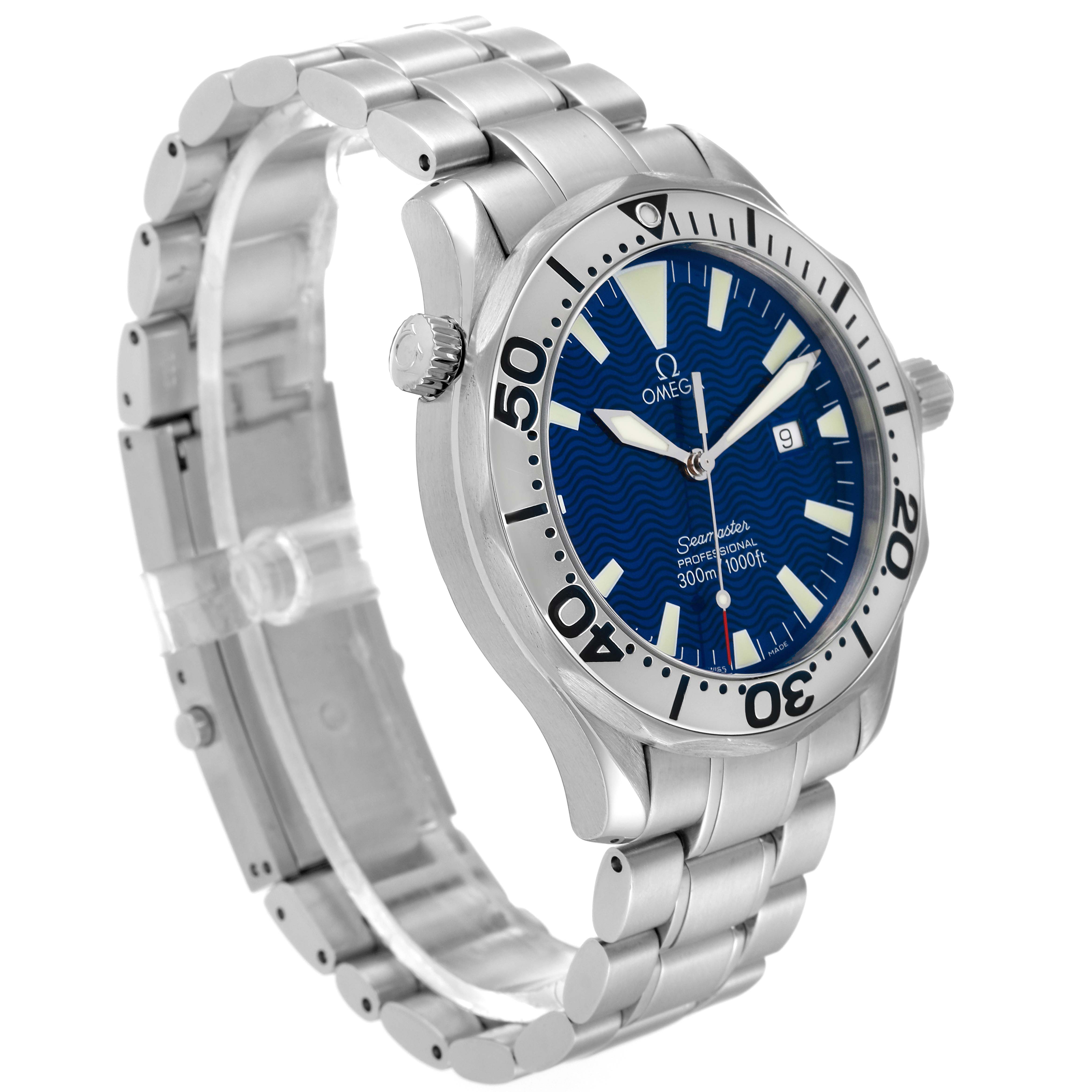 The image shows an Omega Seamaster 2265.80.00 Men's Stainless Steel Blue Dial 2265.80.00 Men's Stainless Steel Blue Dial watch from an angled side view, highlighting its blue dial, bezel, crown, and stainless steel bracelet.
