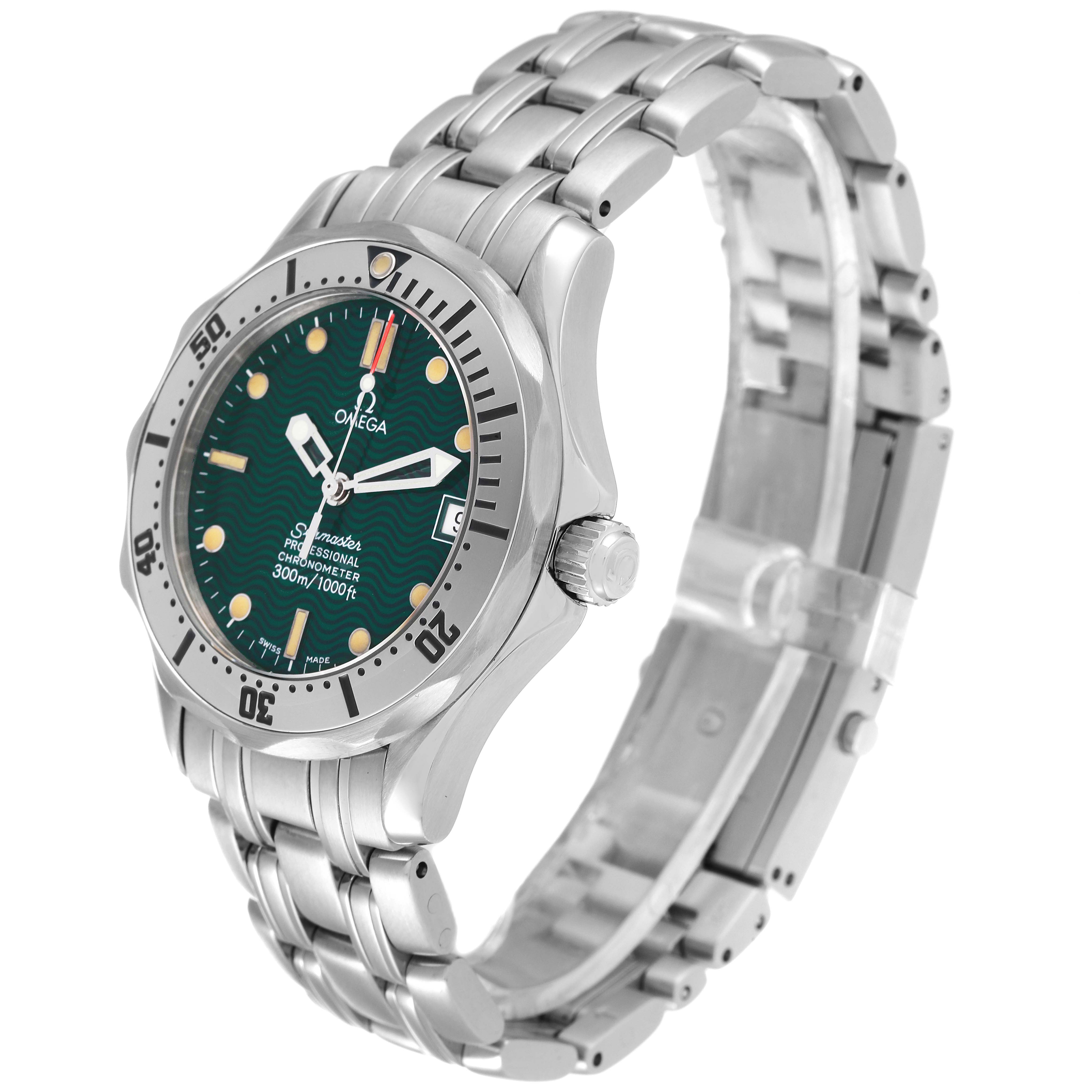 The image shows the side and front angle of the Omega Seamaster 2553.41.00 Men's Stainless Steel Green Dial 2553.41.00 Men's Stainless Steel Green Dial watch, highlighting the face, bezel, bracelet, and crown.
