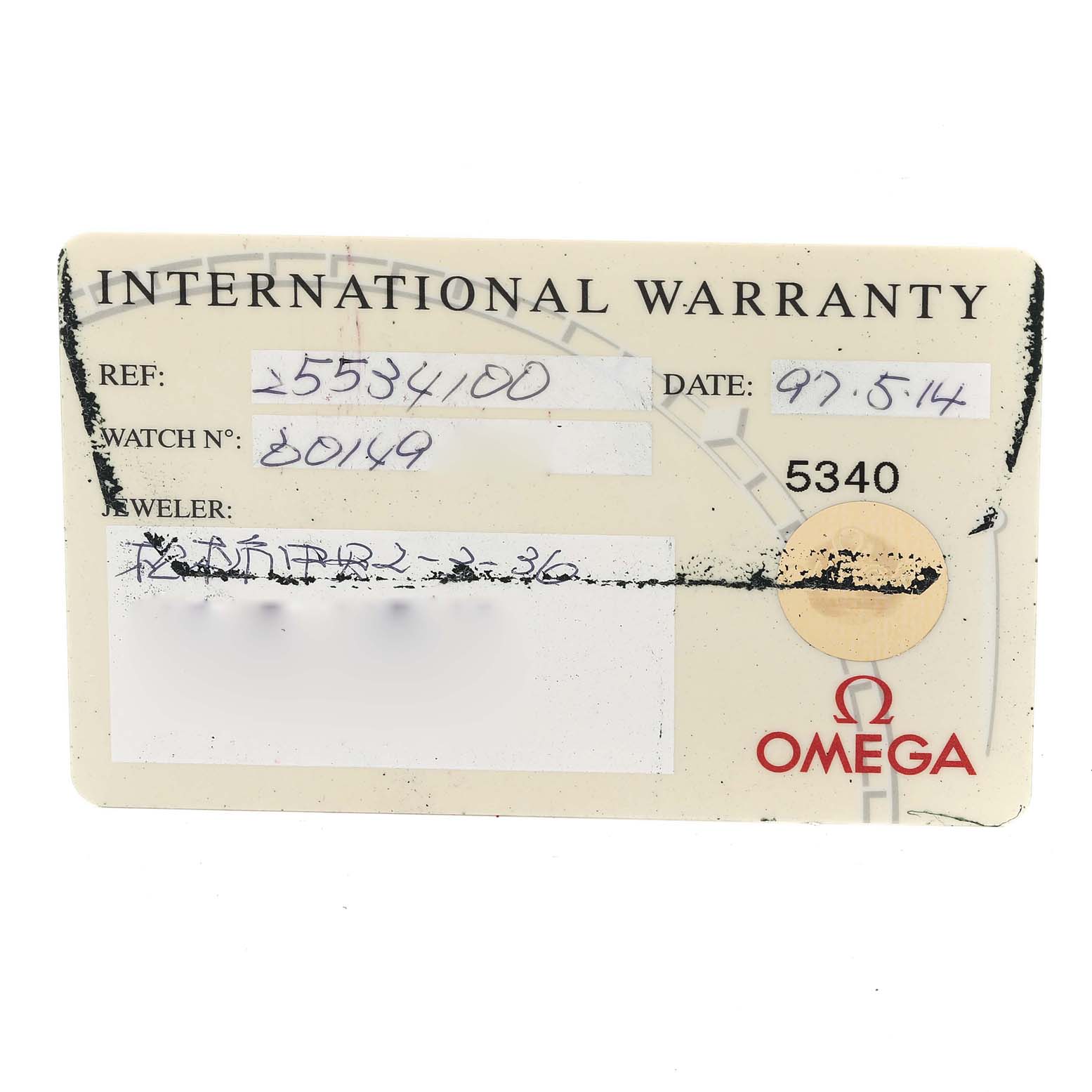 The image shows an Omega International Warranty card for a Seamaster model.