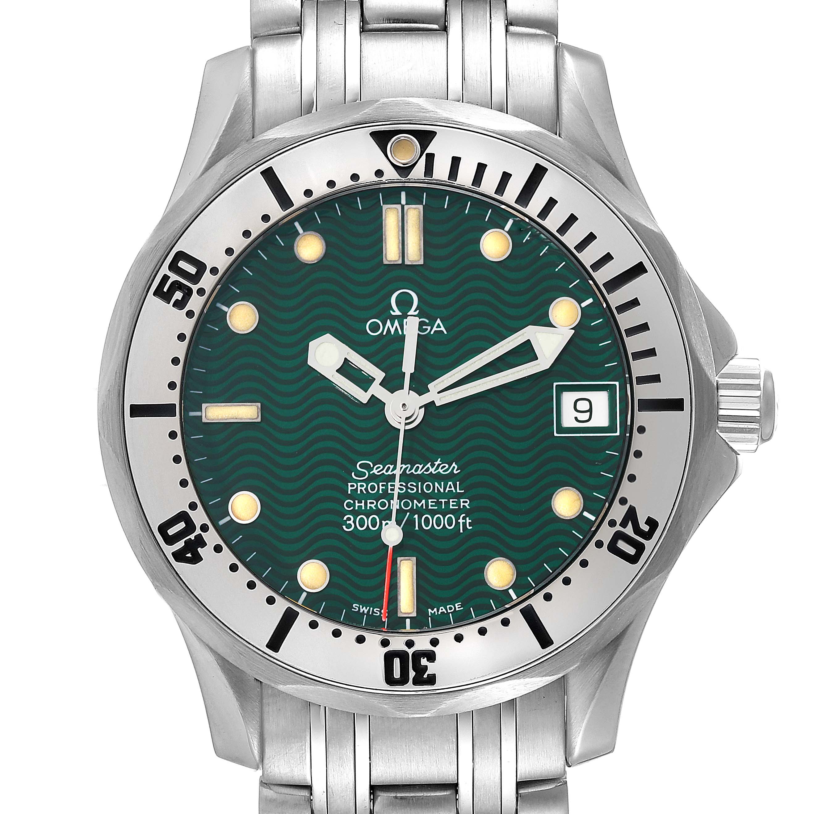 The image shows a front, close-up view of the Omega Seamaster 2553.41.00 Men's Stainless Steel Green Dial 2553.41.00 Men's Stainless Steel Green Dial watch, displaying its dial, bezel, crown, and part of the bracelet.