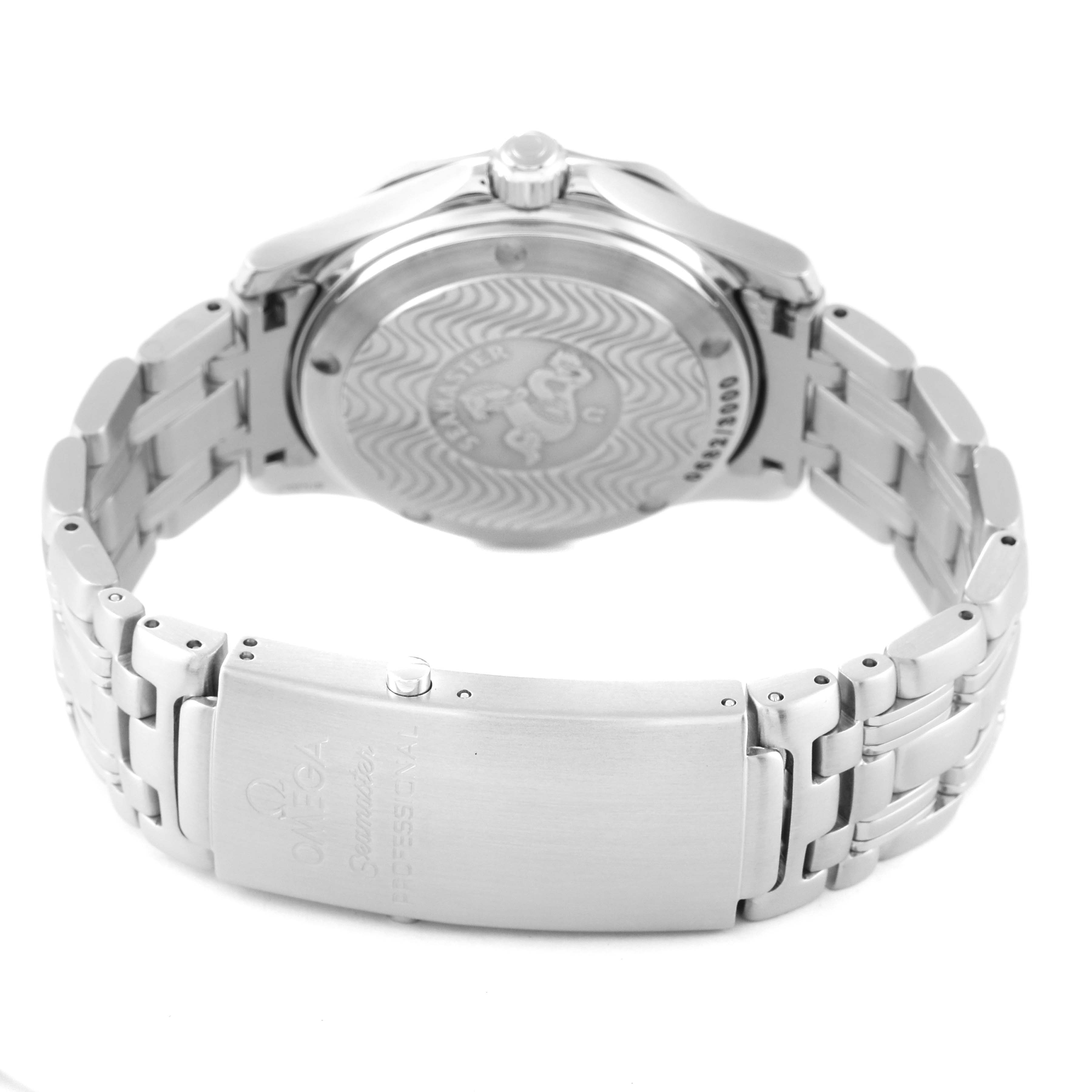 This image shows the back and clasp of an Omega Seamaster 2553.41.00 Men's Stainless Steel Green Dial 2553.41.00 Men's Stainless Steel Green Dial watch, highlighting the case back and bracelet clasp.