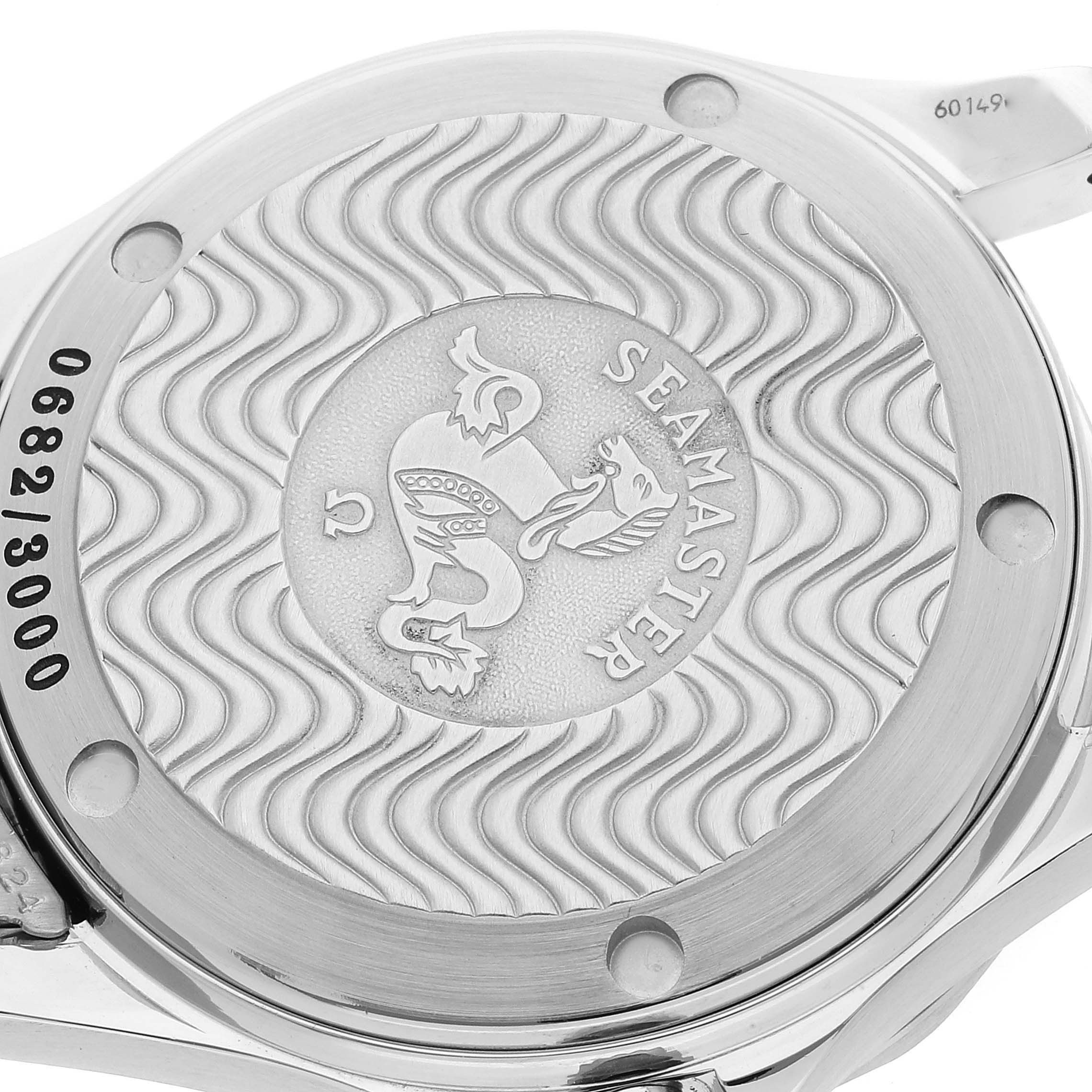 The image shows the back casing of an Omega Seamaster 2553.41.00 Men's Stainless Steel Green Dial 2553.41.00 Men's Stainless Steel Green Dial watch with its wave pattern and logo visible.