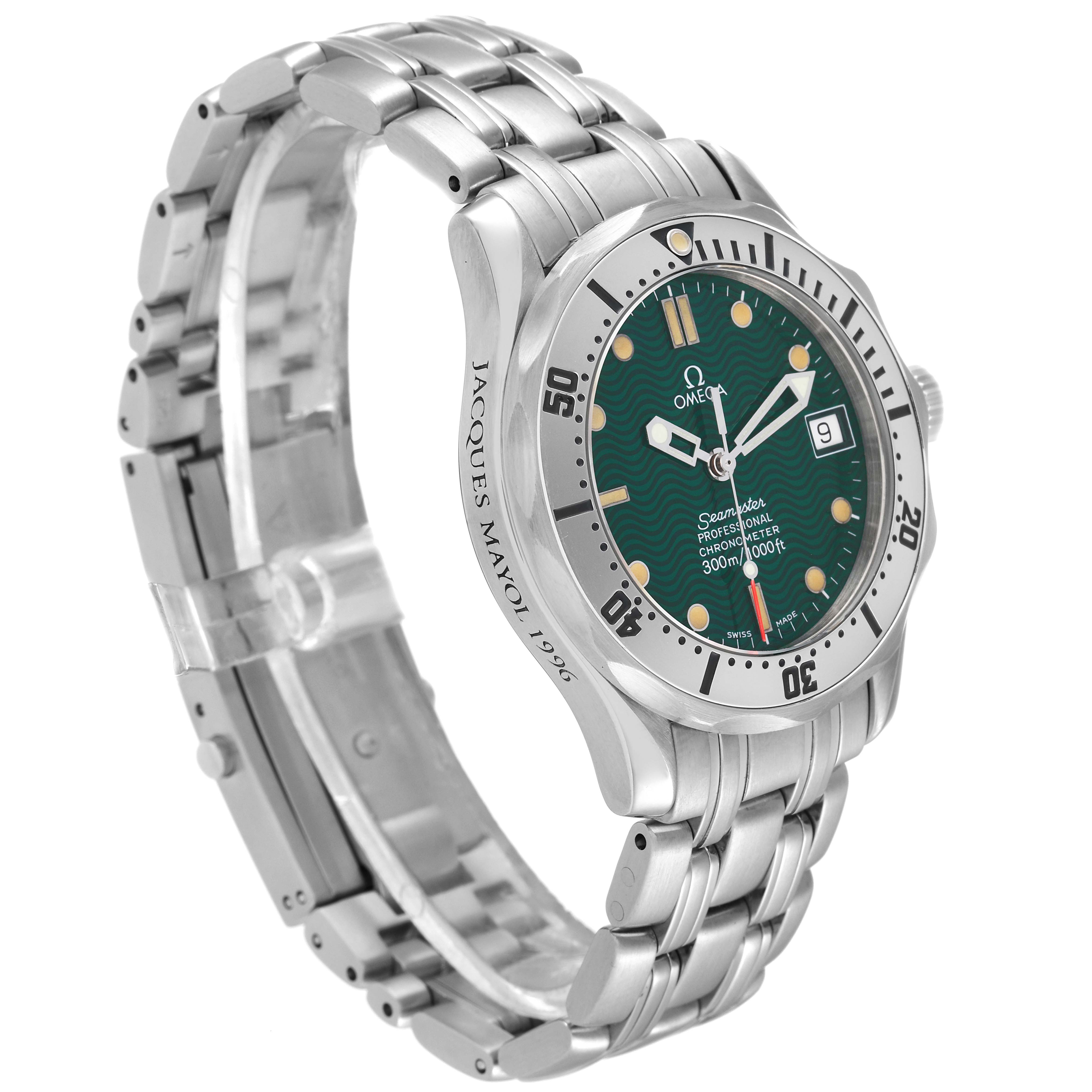 The image shows an Omega Seamaster 2553.41.00 Men's Stainless Steel Green Dial 2553.41.00 Men's Stainless Steel Green Dial watch at a slight angle, highlighting the face, bezel, and metal bracelet.