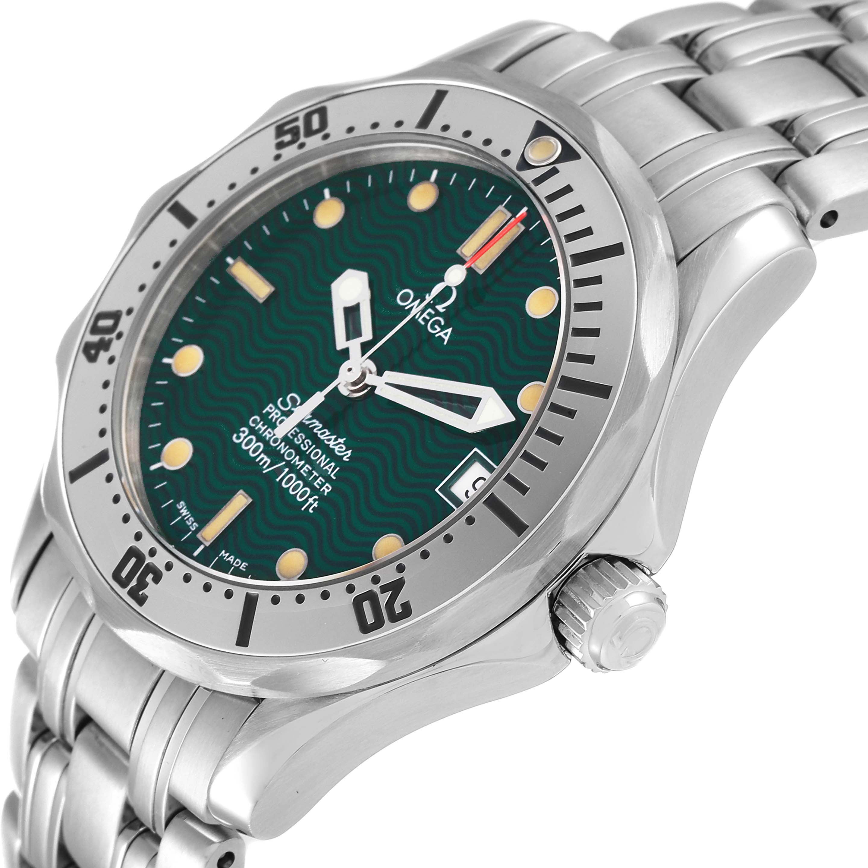 The image shows a close-up angle of the Omega Seamaster 2553.41.00 Men's Stainless Steel Green Dial 2553.41.00 Men's Stainless Steel Green Dial watch, focusing on the dial, bezel, and part of the bracelet.