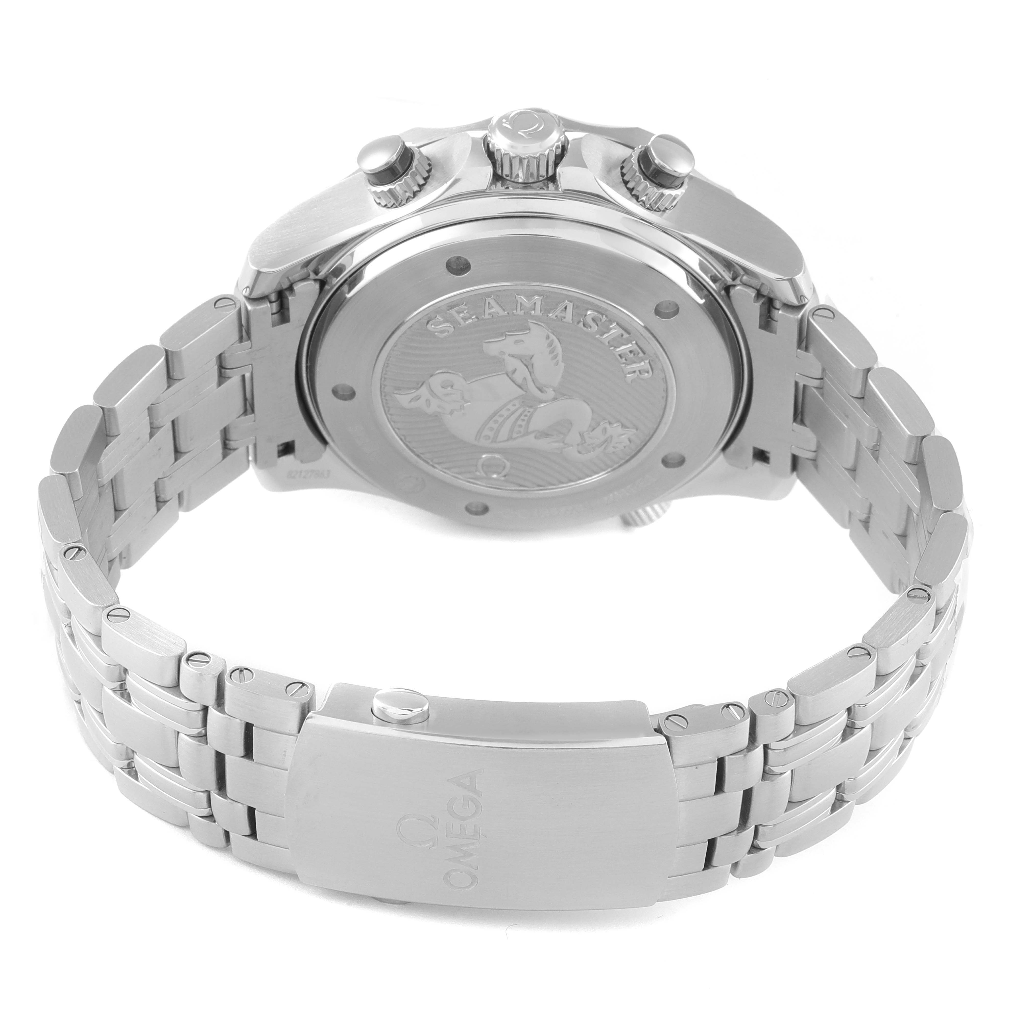 The image shows the back view of an Omega Seamaster 212.30.44.50.01.001 Men's Stainless Steel Black Dial 212.30.44.50.01.001 Men's Stainless Steel Black Dial watch, highlighting the case back, bracelet, and clasp.