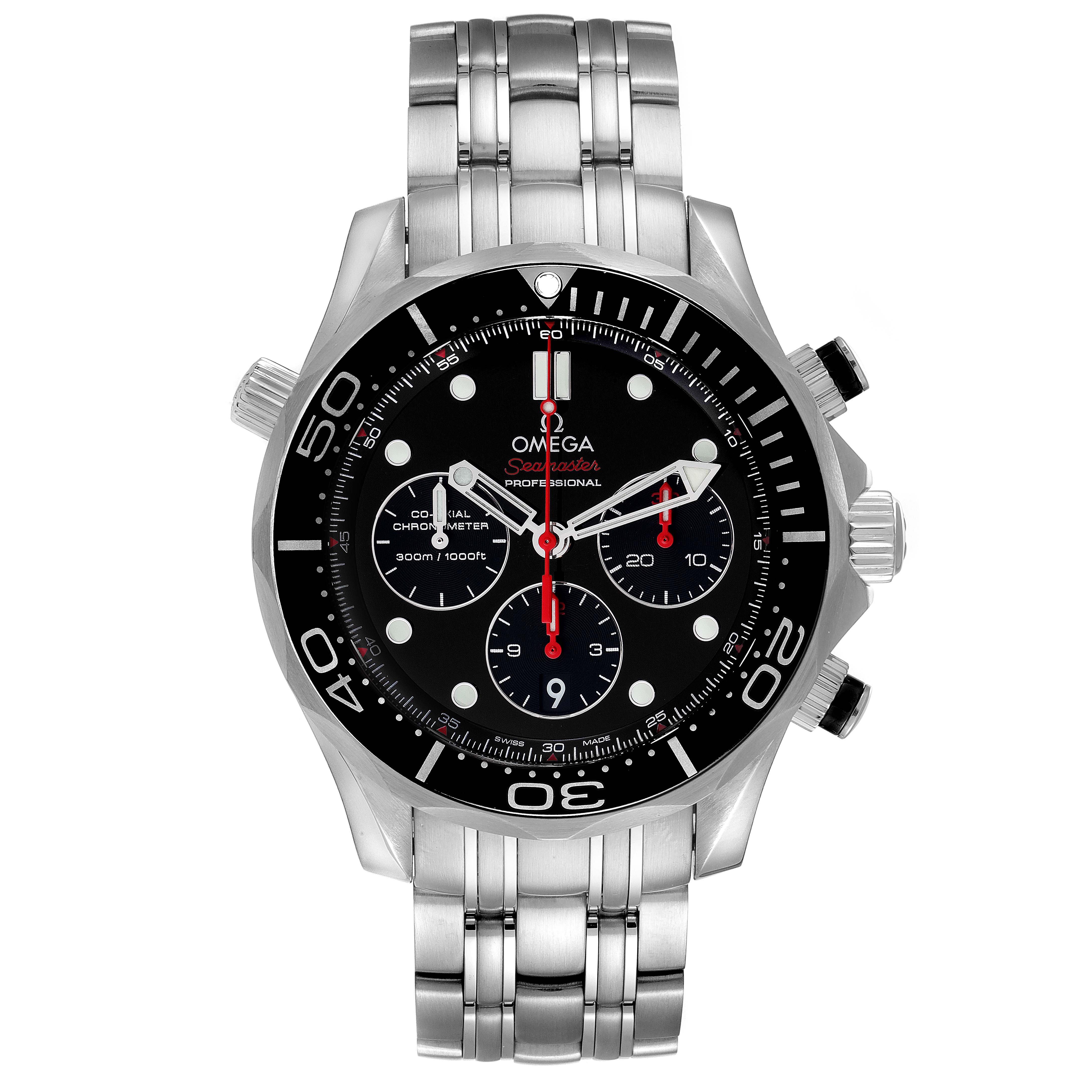 This image shows a straight-on view of the face and stainless steel bracelet of the Omega Seamaster 212.30.44.50.01.001 Men's Stainless Steel Black Dial 212.30.44.50.01.001 Men's Stainless Steel Black Dial watch.