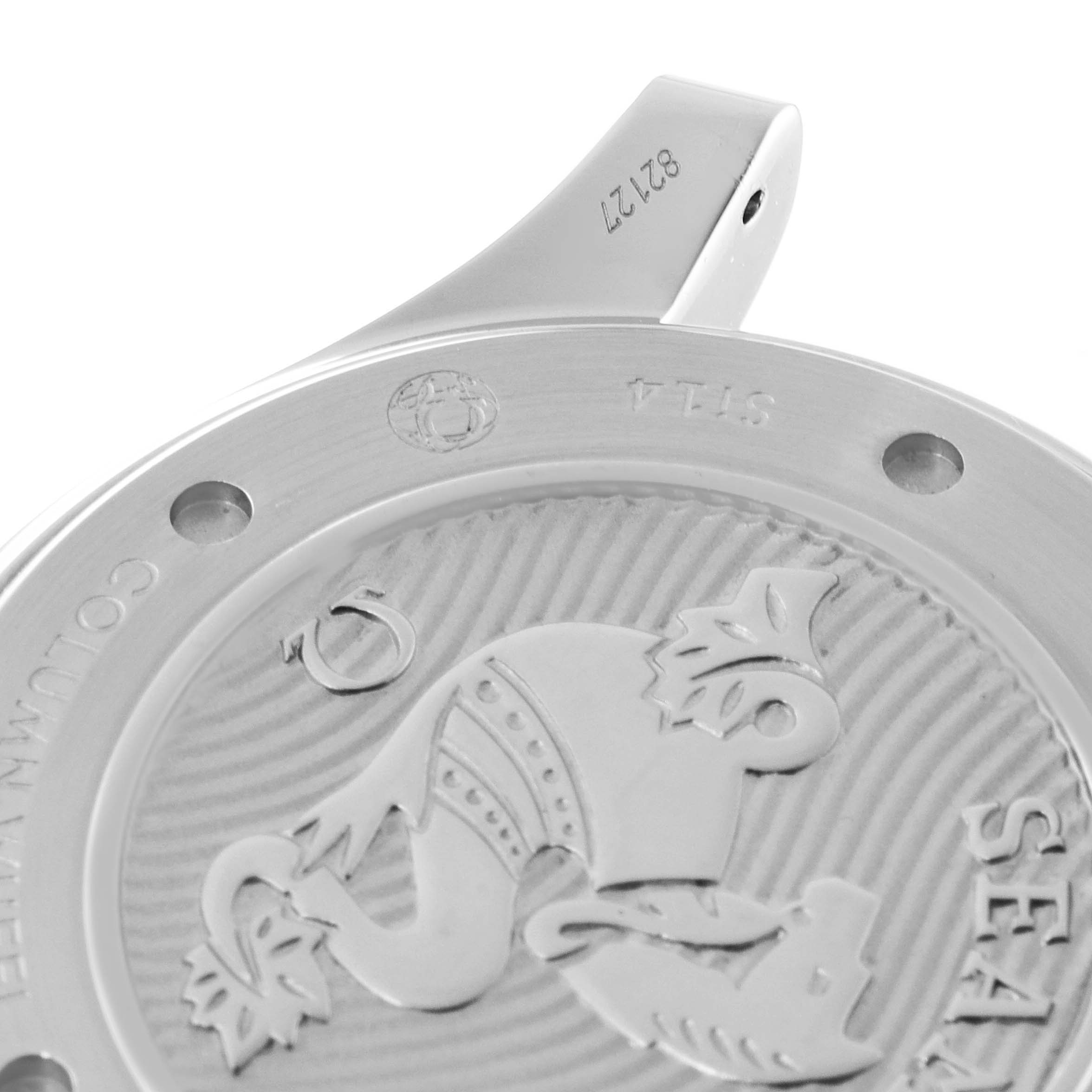 The image shows a close-up view of the Omega Seamaster 212.30.44.50.01.001 Men's Stainless Steel Black Dial 212.30.44.50.01.001 Men's Stainless Steel Black Dial case back with a detailed engraving.