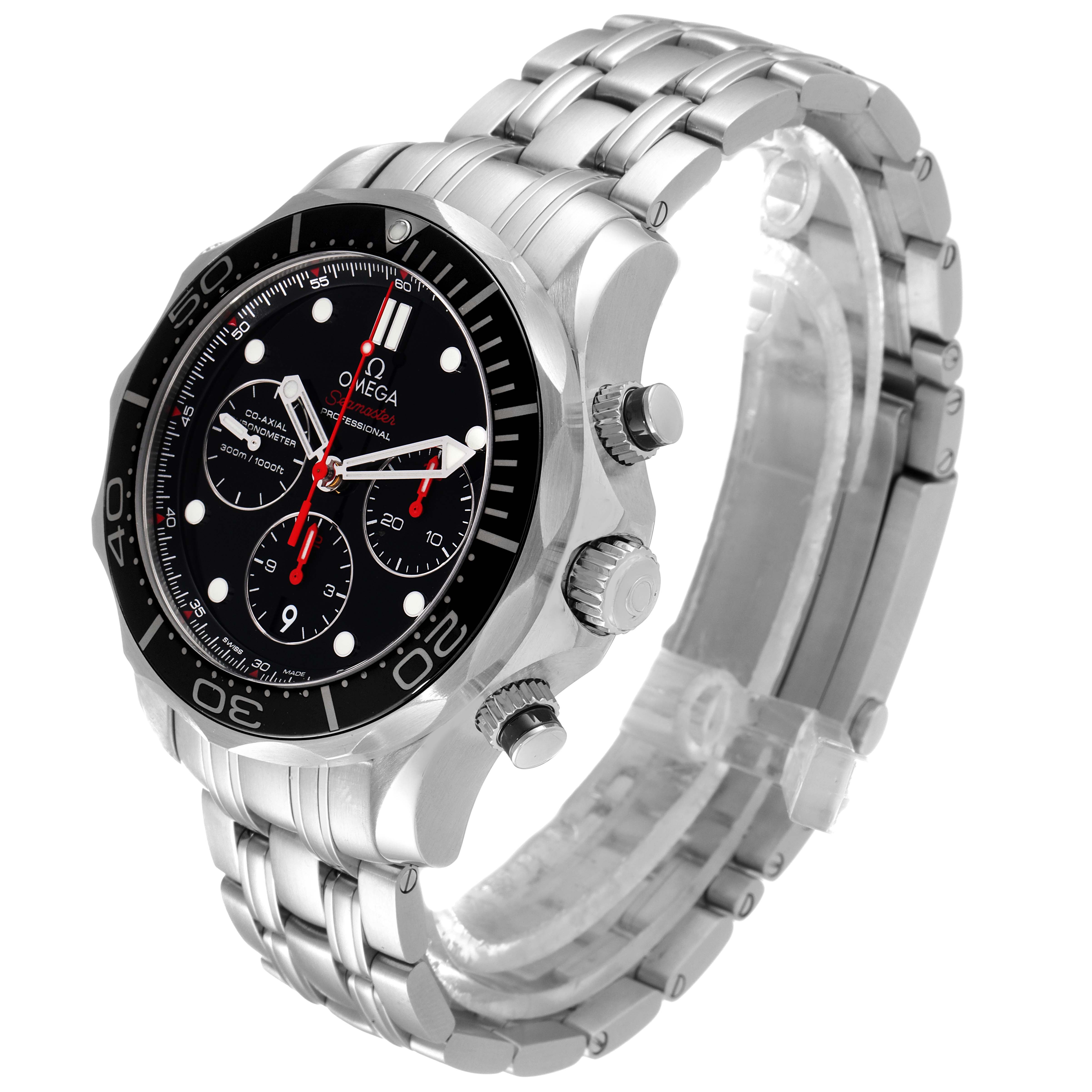The Omega Seamaster 212.30.44.50.01.001 Men's Stainless Steel Black Dial 212.30.44.50.01.001 Men's Stainless Steel Black Dial watch is displayed at an angle, showing the face, bezel, chronograph buttons, and metal bracelet band.