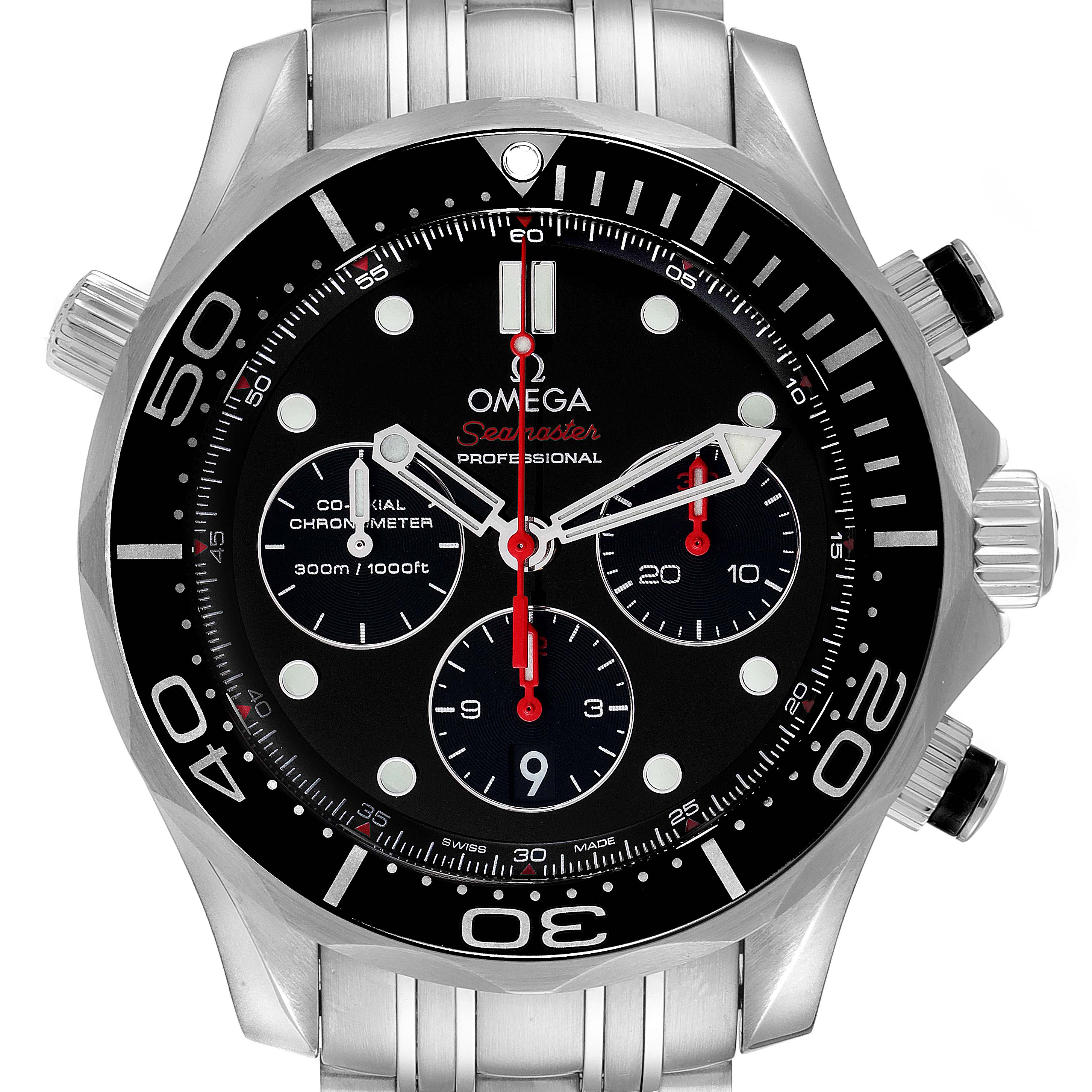 This image displays a front view of the Omega Seamaster 212.30.44.50.01.001 Men's Stainless Steel Black Dial 212.30.44.50.01.001 Men's Stainless Steel Black Dial watch, highlighting its bezel, dials, and chronograph features.
