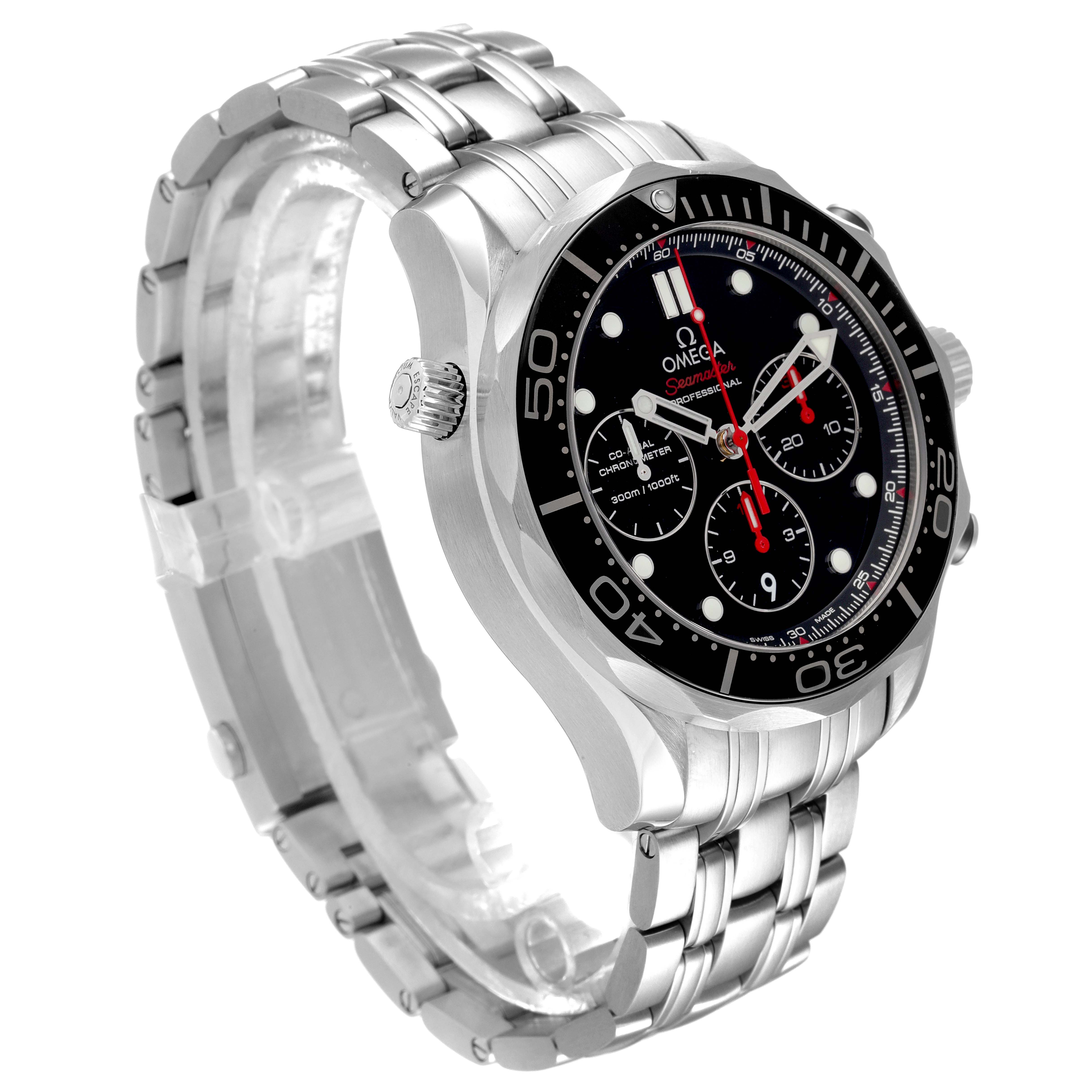 The Omega Seamaster 212.30.44.50.01.001 Men's Stainless Steel Black Dial 212.30.44.50.01.001 Men's Stainless Steel Black Dial watch is shown at a three-quarter angle, highlighting its dial, bezel, crown, and metal bracelet.