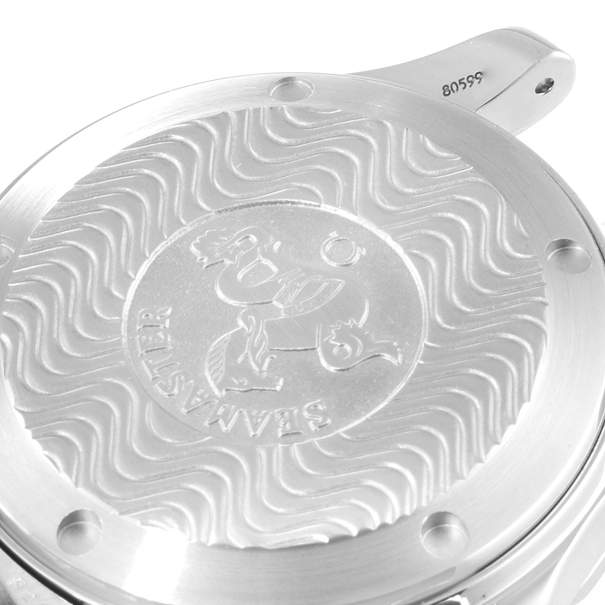 The image shows the back case of an Omega Seamaster 2551.80.00 Men's Stainless Steel Blue Dial 2551.80.00 Men's Stainless Steel Blue Dial watch, featuring its embossed design and metal finish.