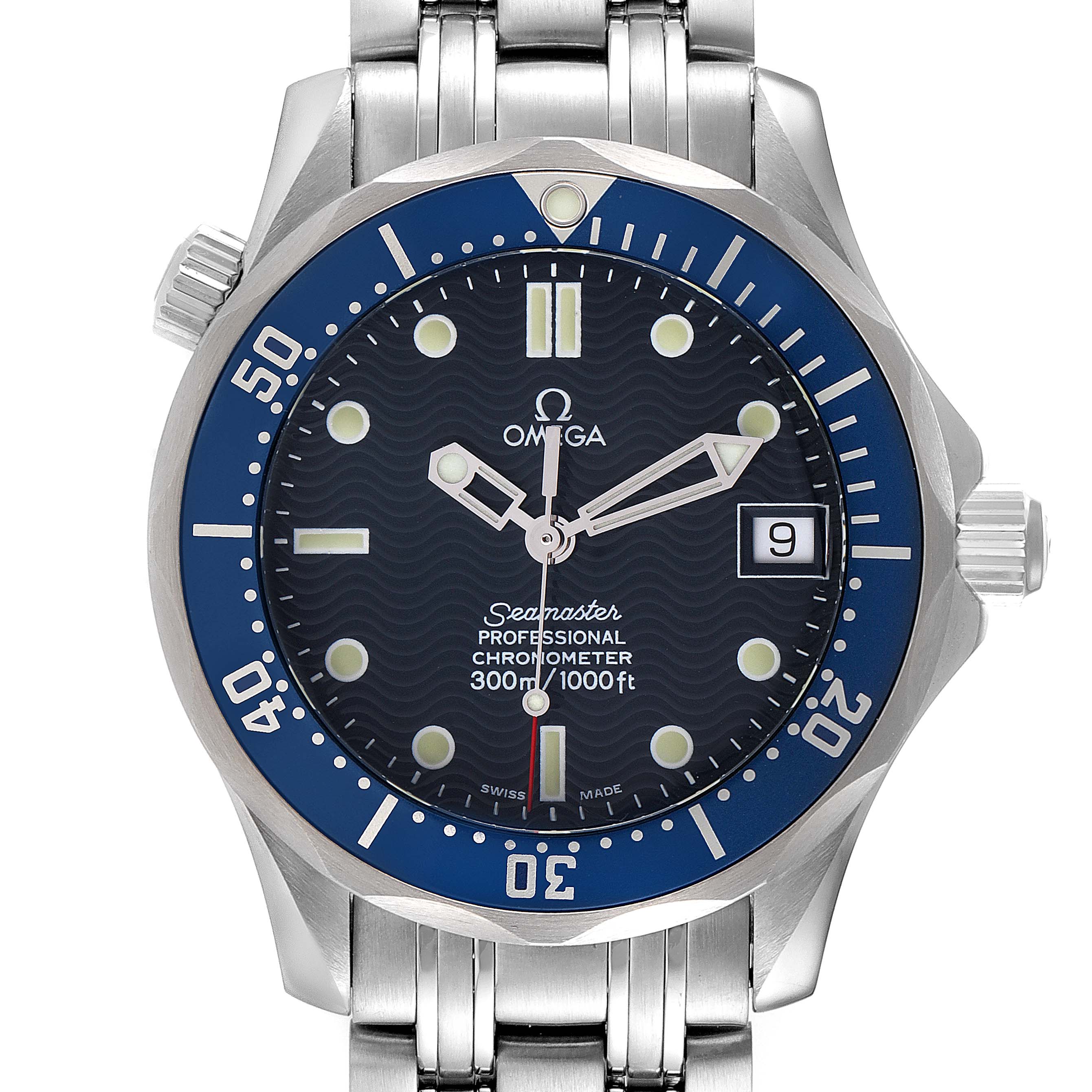 The Omega Seamaster 2551.80.00 Men's Stainless Steel Blue Dial 2551.80.00 Men's Stainless Steel Blue Dial watch is shown from the front, displaying the dial, bezel, and stainless steel bracelet.