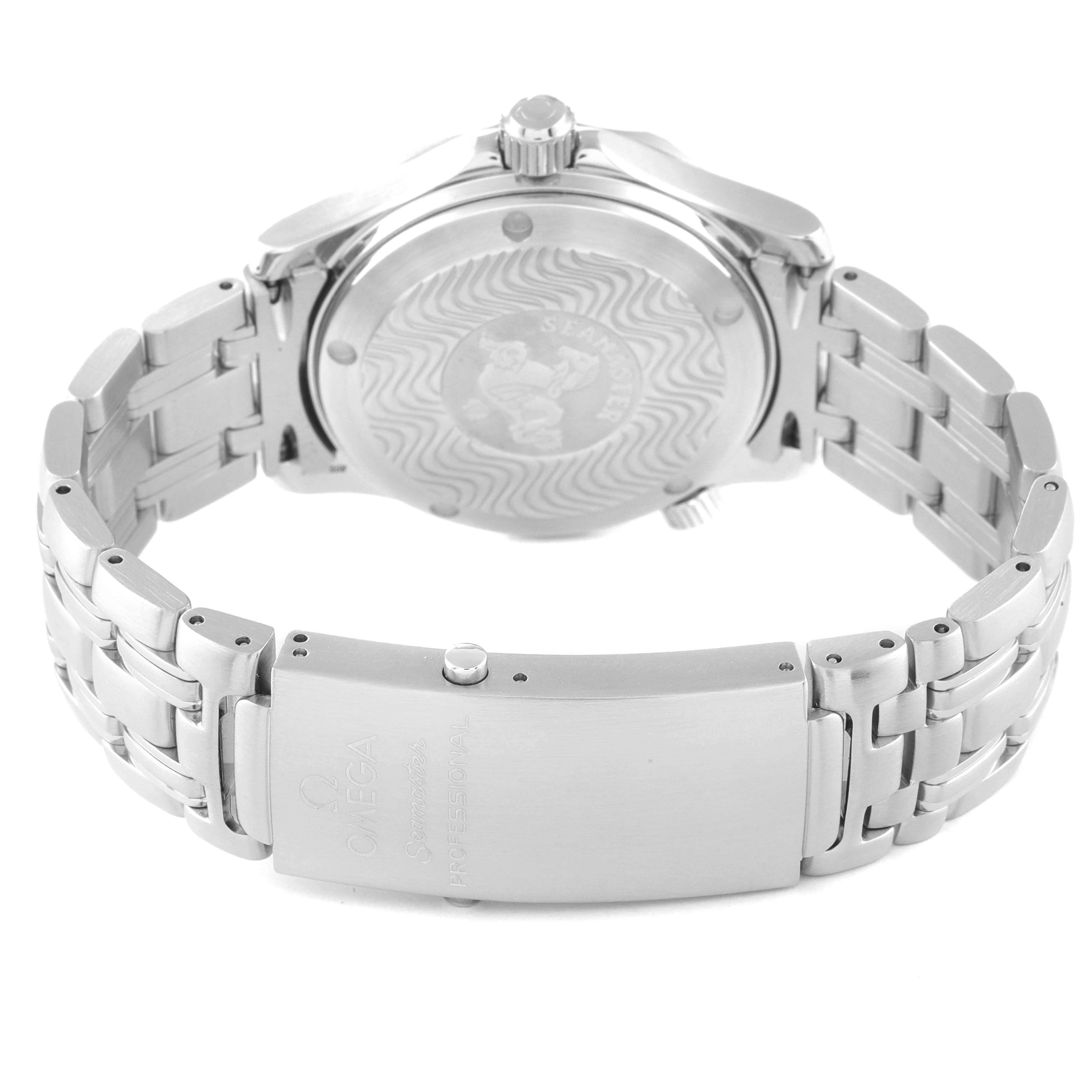 This image shows the back, clasp, and bracelet of an Omega Seamaster 2551.80.00 Men's Stainless Steel Blue Dial 2551.80.00 Men's Stainless Steel Blue Dial watch in a stainless steel finish.