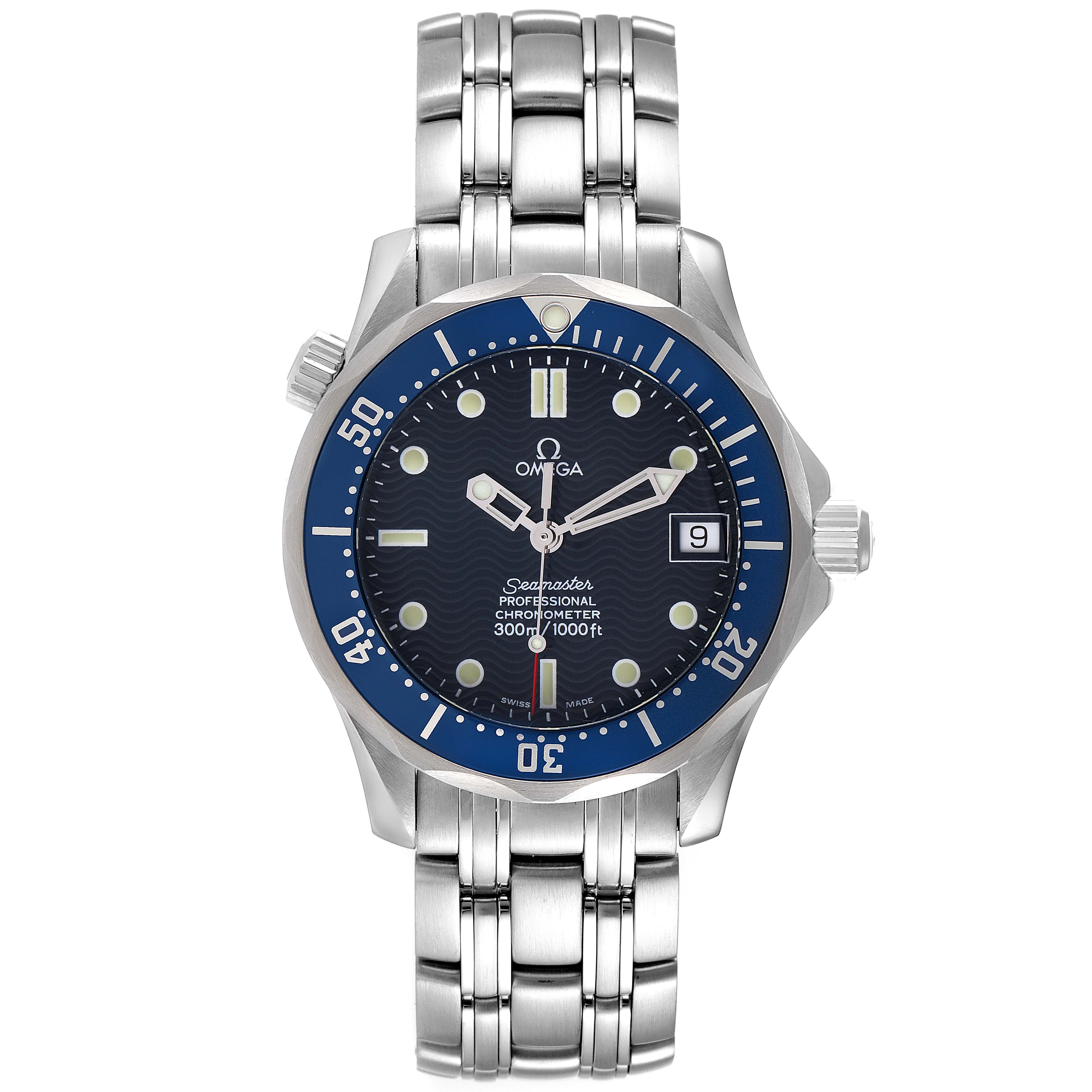 The Omega Seamaster 2551.80.00 Men's Stainless Steel Blue Dial 2551.80.00 Men's Stainless Steel Blue Dial watch is shown from a top-down angle, displaying its face, bezel, case, and bracelet.