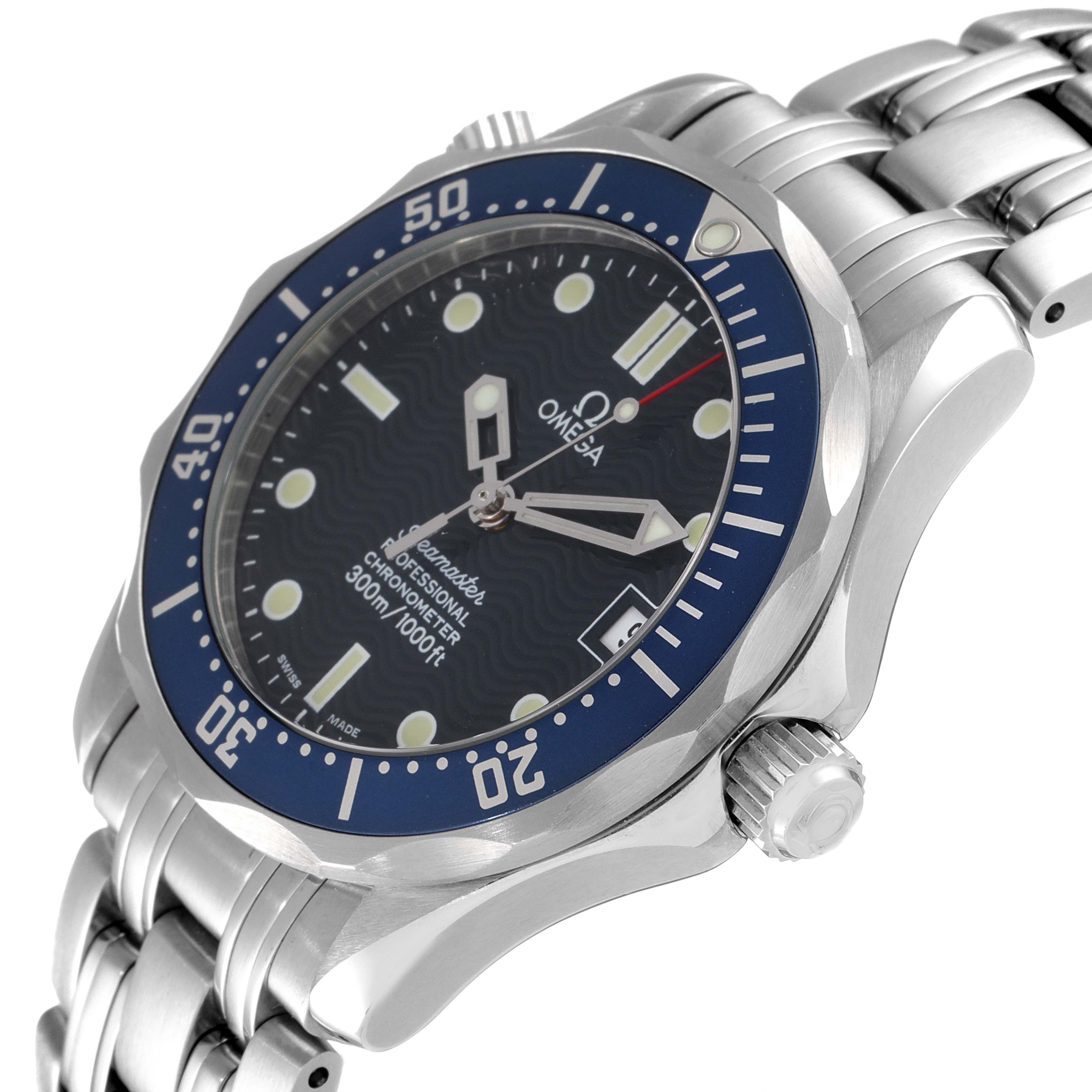 The image shows an angled side view of an Omega Seamaster 2551.80.00 Men's Stainless Steel Blue Dial 2551.80.00 Men's Stainless Steel Blue Dial watch, highlighting its dial, bezel, and bracelet.