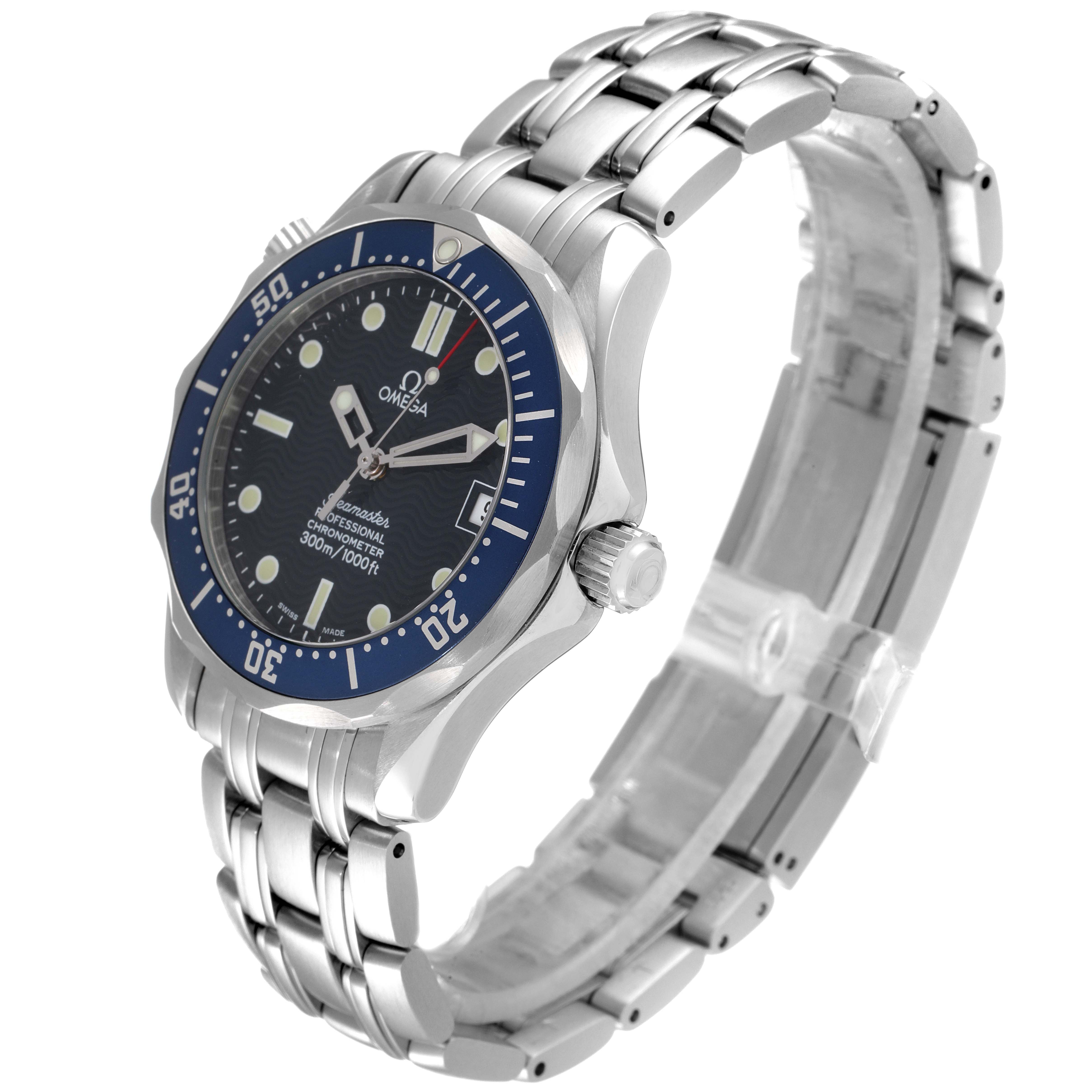 The Omega Seamaster 2551.80.00 Men's Stainless Steel Blue Dial 2551.80.00 Men's Stainless Steel Blue Dial watch is shown at a three-quarter angle, displaying its face, bezel, crown, and stainless steel bracelet.