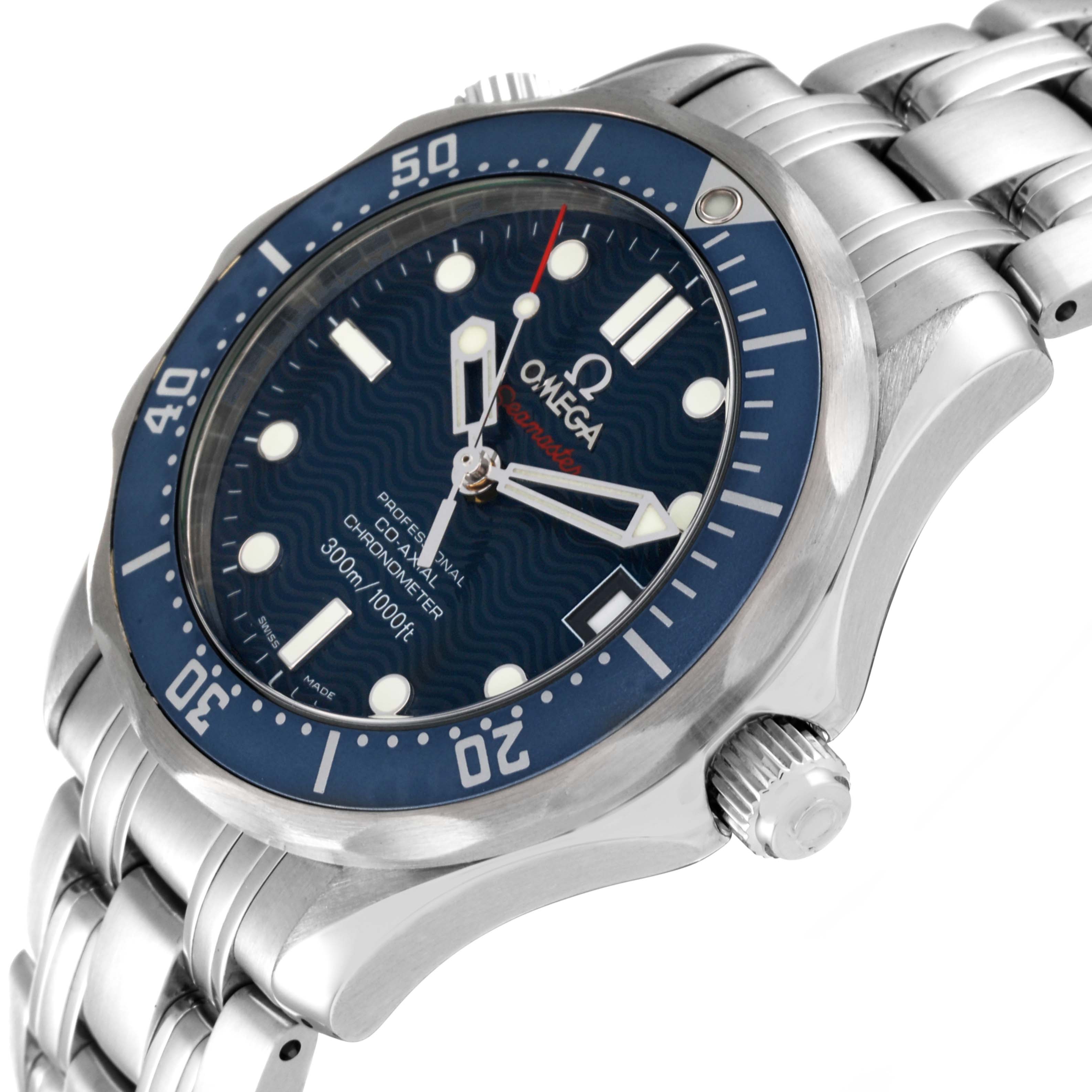 The image shows an angled view of the Omega Seamaster 2222.80.00 Men's Stainless Steel Blue Dial 2222.80.00 Men's Stainless Steel Blue Dial watch, highlighting its face, bezel, crown, and bracelet.