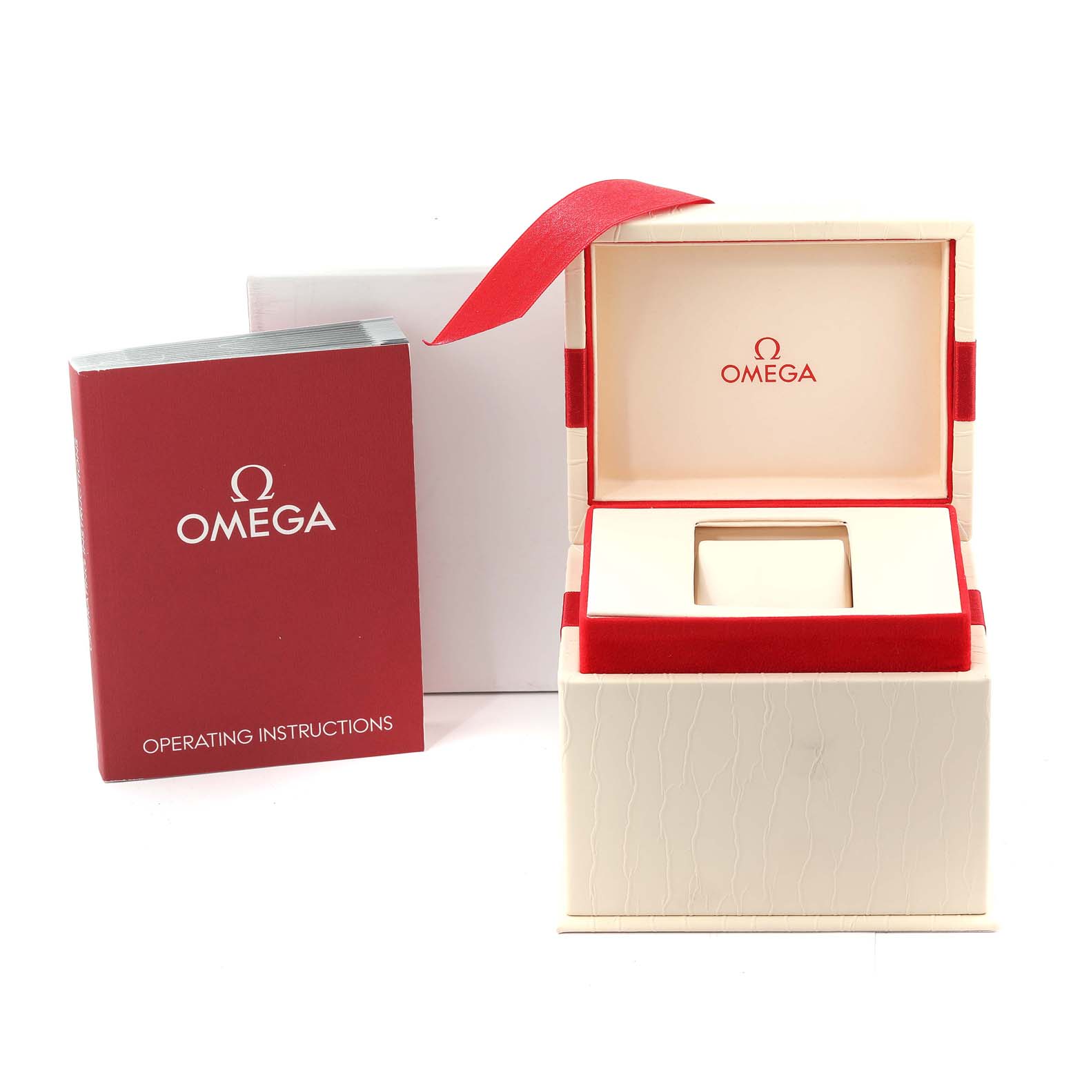 The image shows an open Omega Seamaster 2222.80.00 Men's Stainless Steel Blue Dial 2222.80.00 Men's Stainless Steel Blue Dial watch box and an operating instructions booklet viewed from the front.