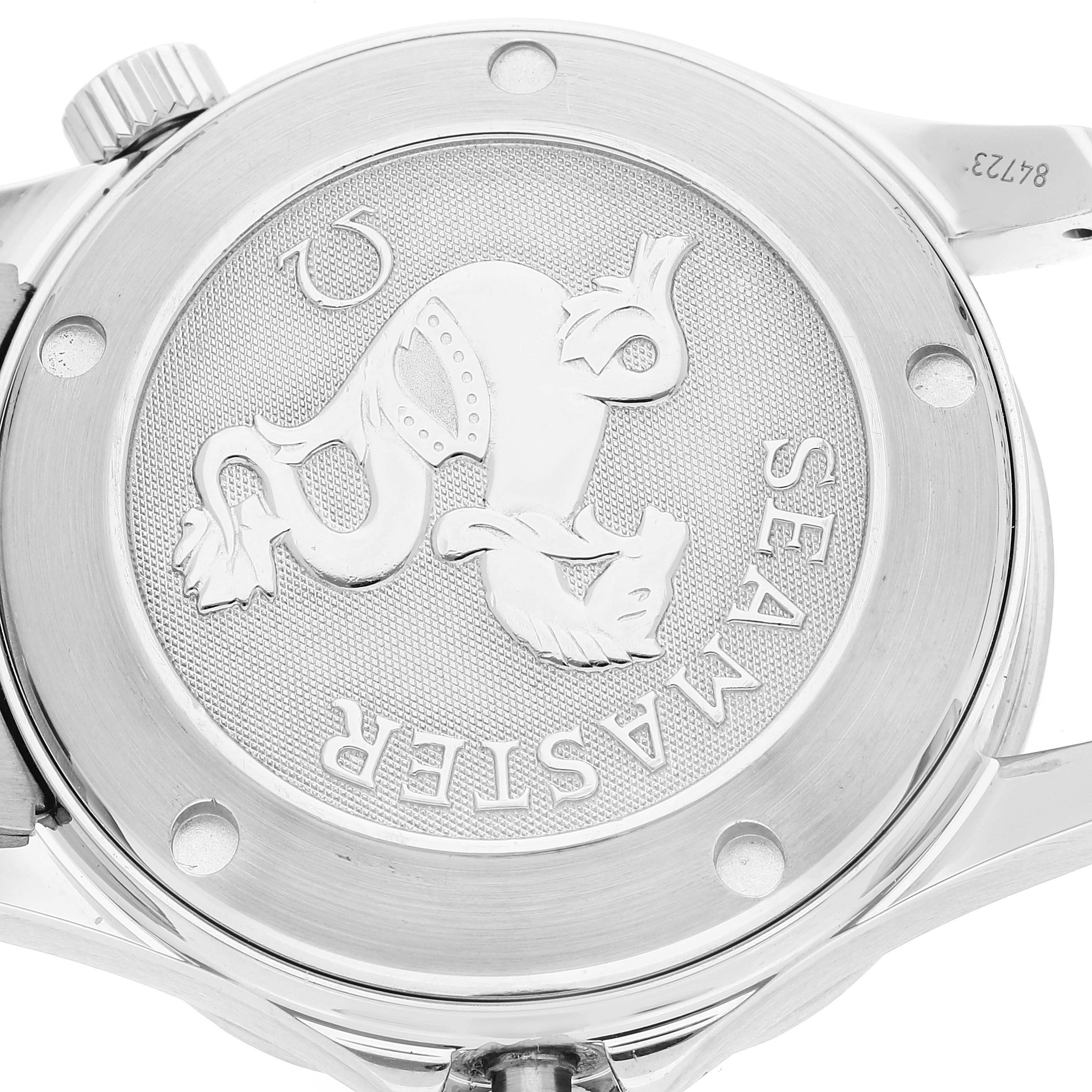 The image shows the back case of an Omega Seamaster 2222.80.00 Men's Stainless Steel Blue Dial 2222.80.00 Men's Stainless Steel Blue Dial watch, highlighting the engraved logo and branding.