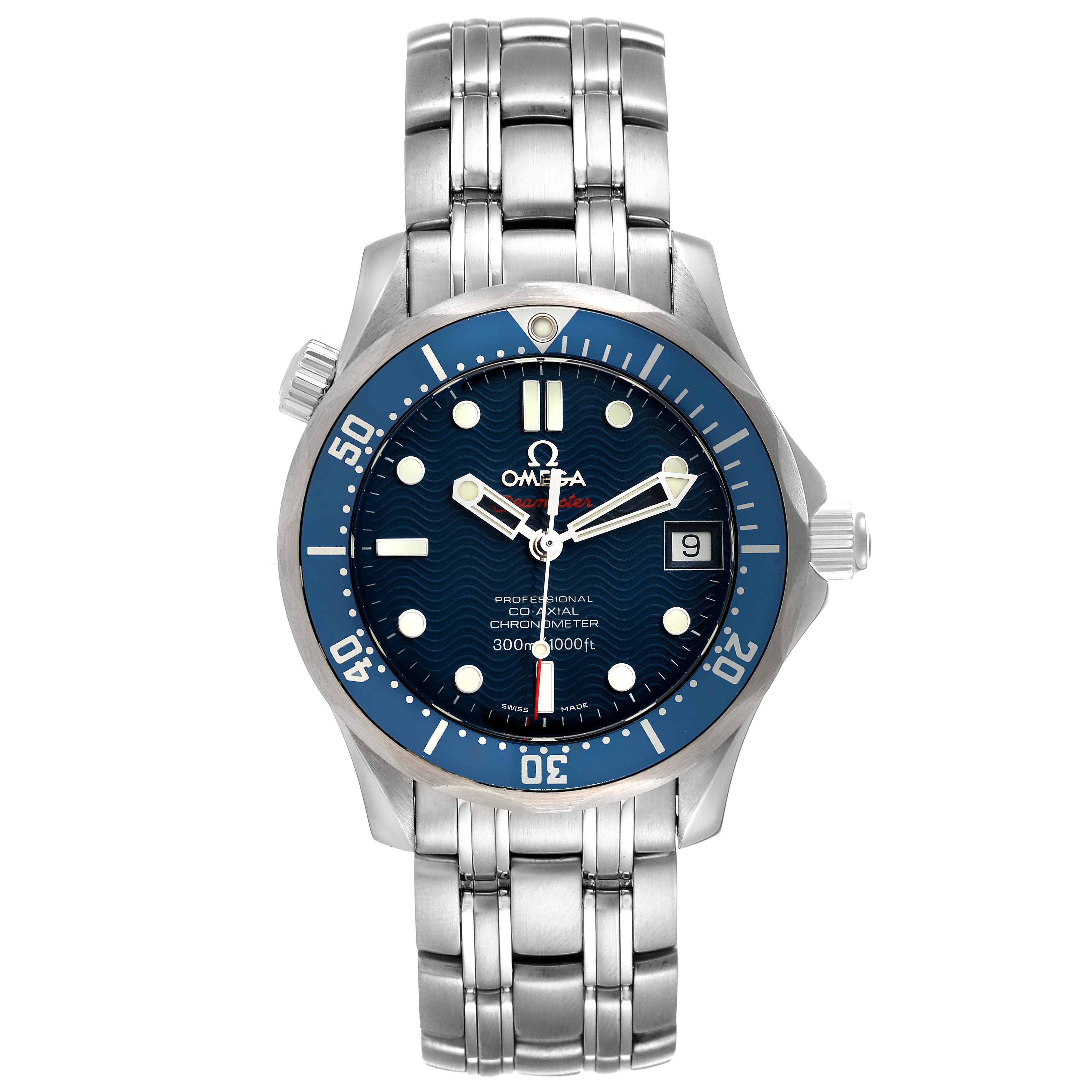 The image shows a front view of an Omega Seamaster 2222.80.00 Men's Stainless Steel Blue Dial 2222.80.00 Men's Stainless Steel Blue Dial watch with its face, bezel, bracelet, and crown visible.