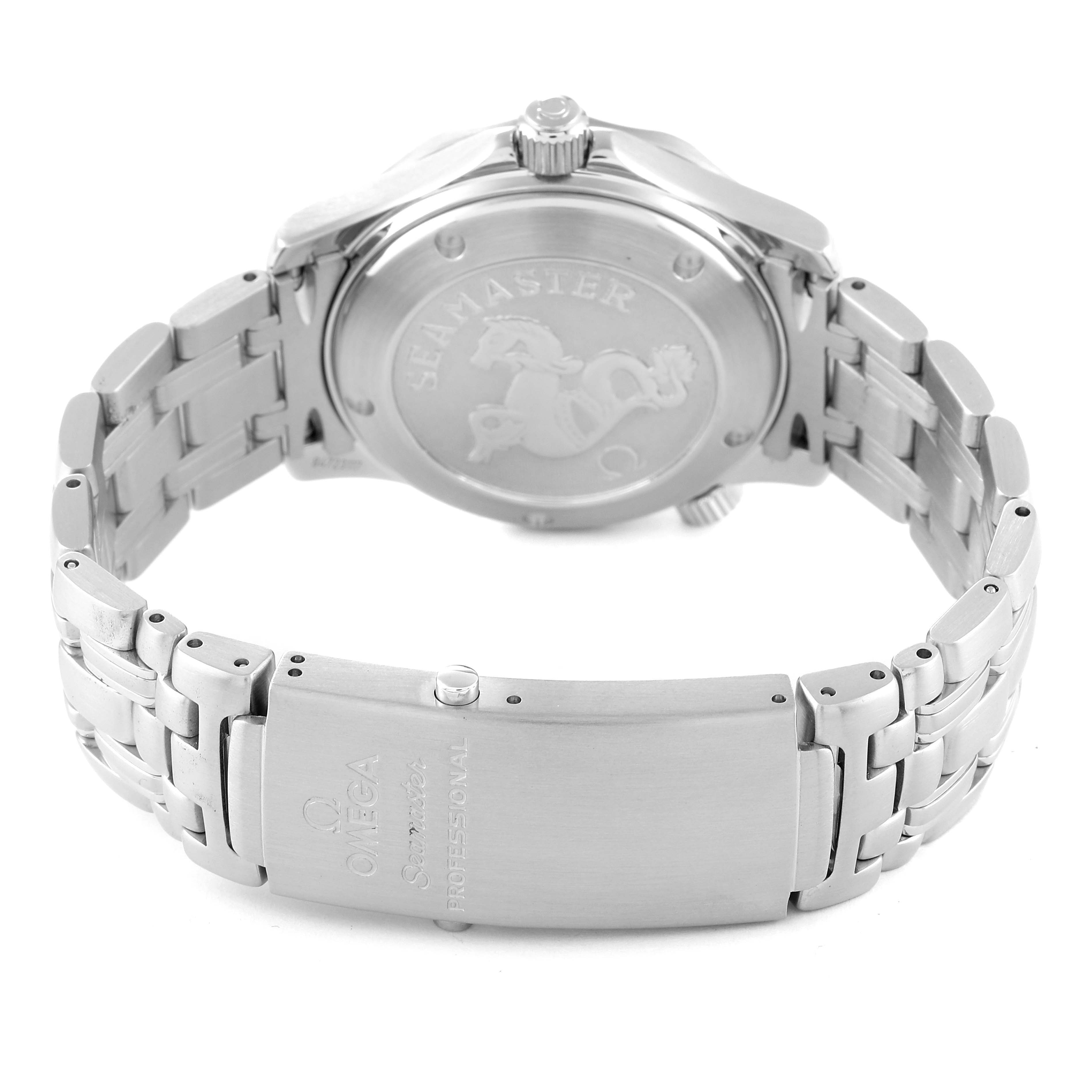 The image shows the back case and bracelet of an Omega Seamaster 2222.80.00 Men's Stainless Steel Blue Dial 2222.80.00 Men's Stainless Steel Blue Dial watch, focusing on the clasp and engraved details.