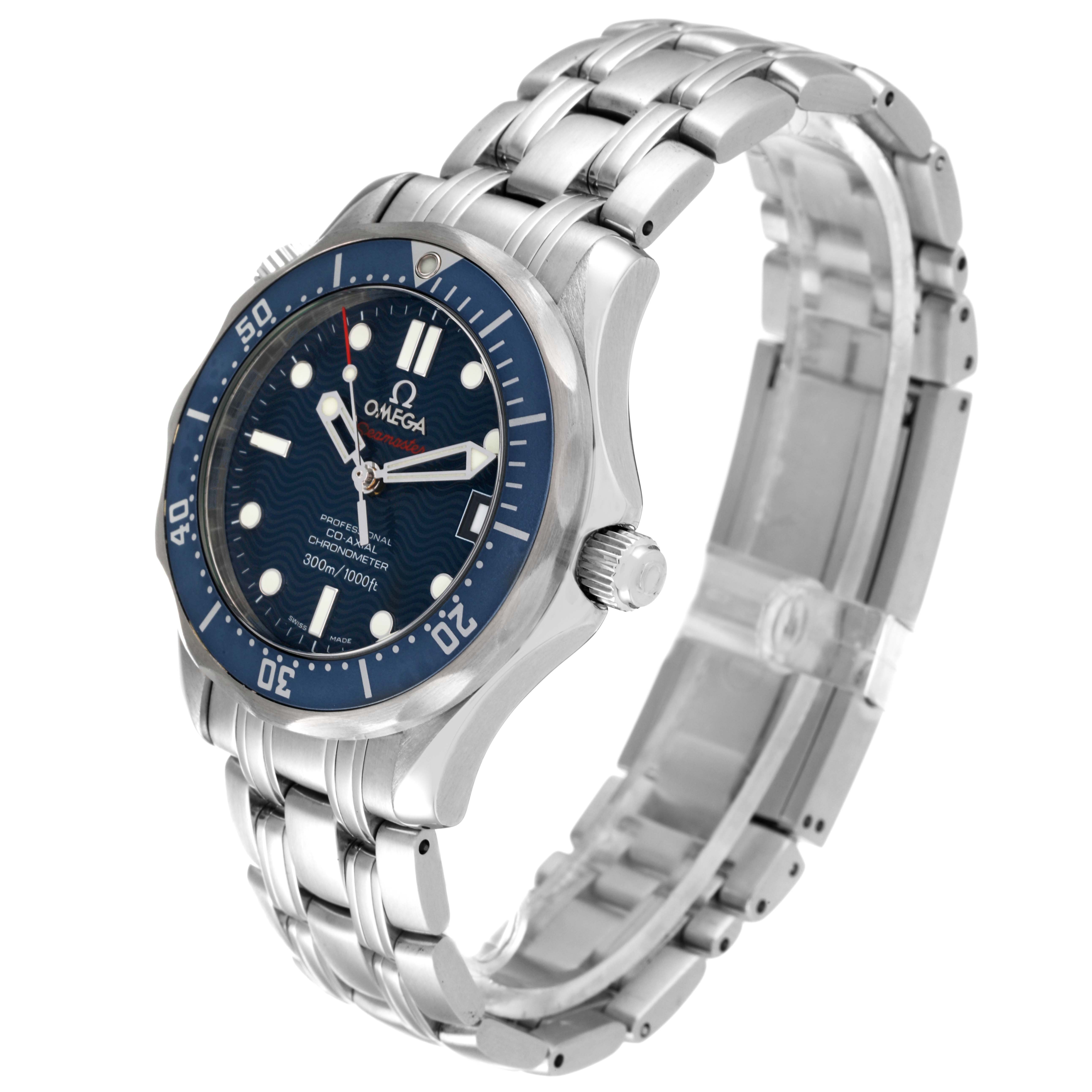 The image shows an angled side view of an Omega Seamaster 2222.80.00 Men's Stainless Steel Blue Dial 2222.80.00 Men's Stainless Steel Blue Dial watch, displaying the face, bezel, crown, and bracelet.