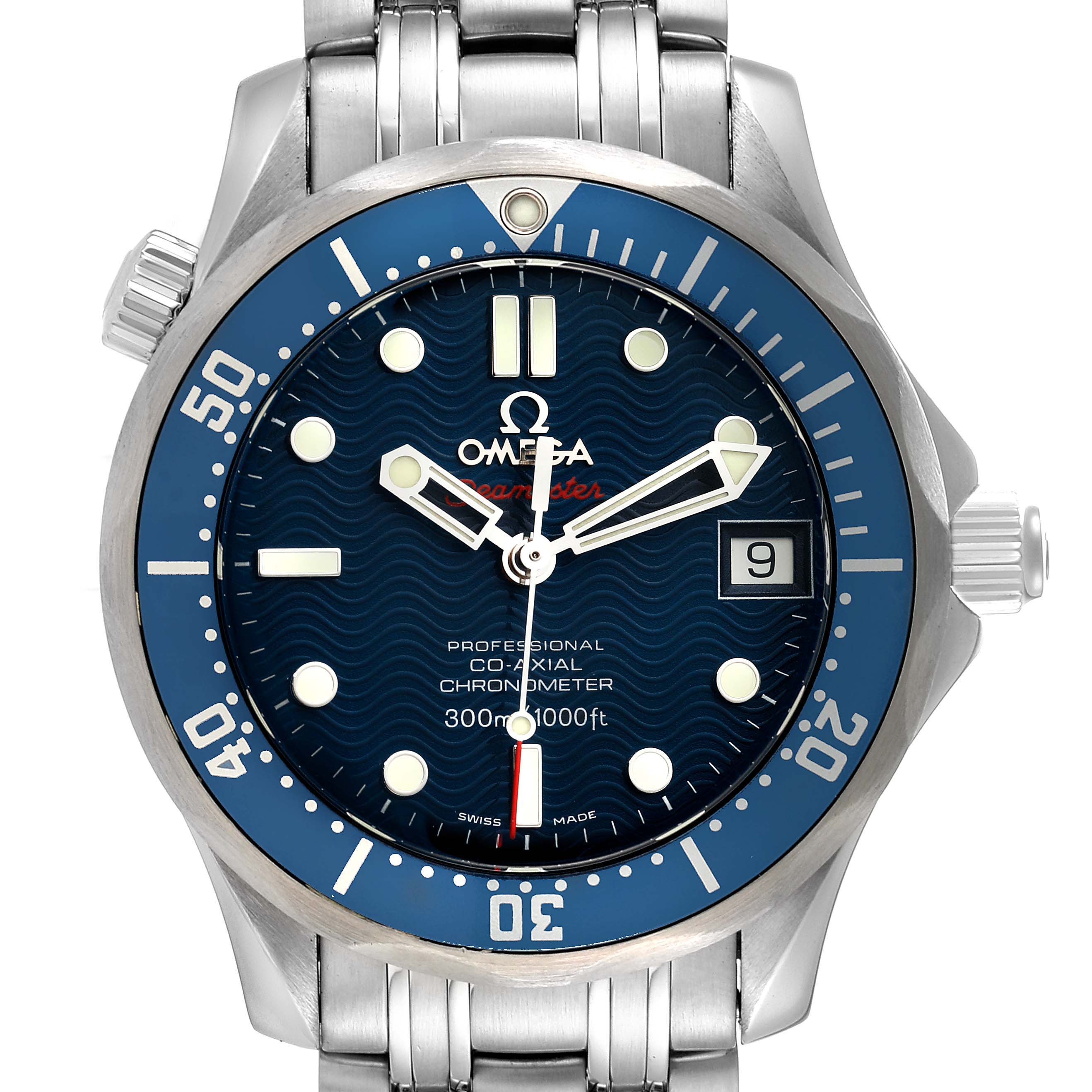 The image shows a front view of the Omega Seamaster 2222.80.00 Men's Stainless Steel Blue Dial 2222.80.00 Men's Stainless Steel Blue Dial watch, highlighting its dial, bezel, and stainless steel bracelet.