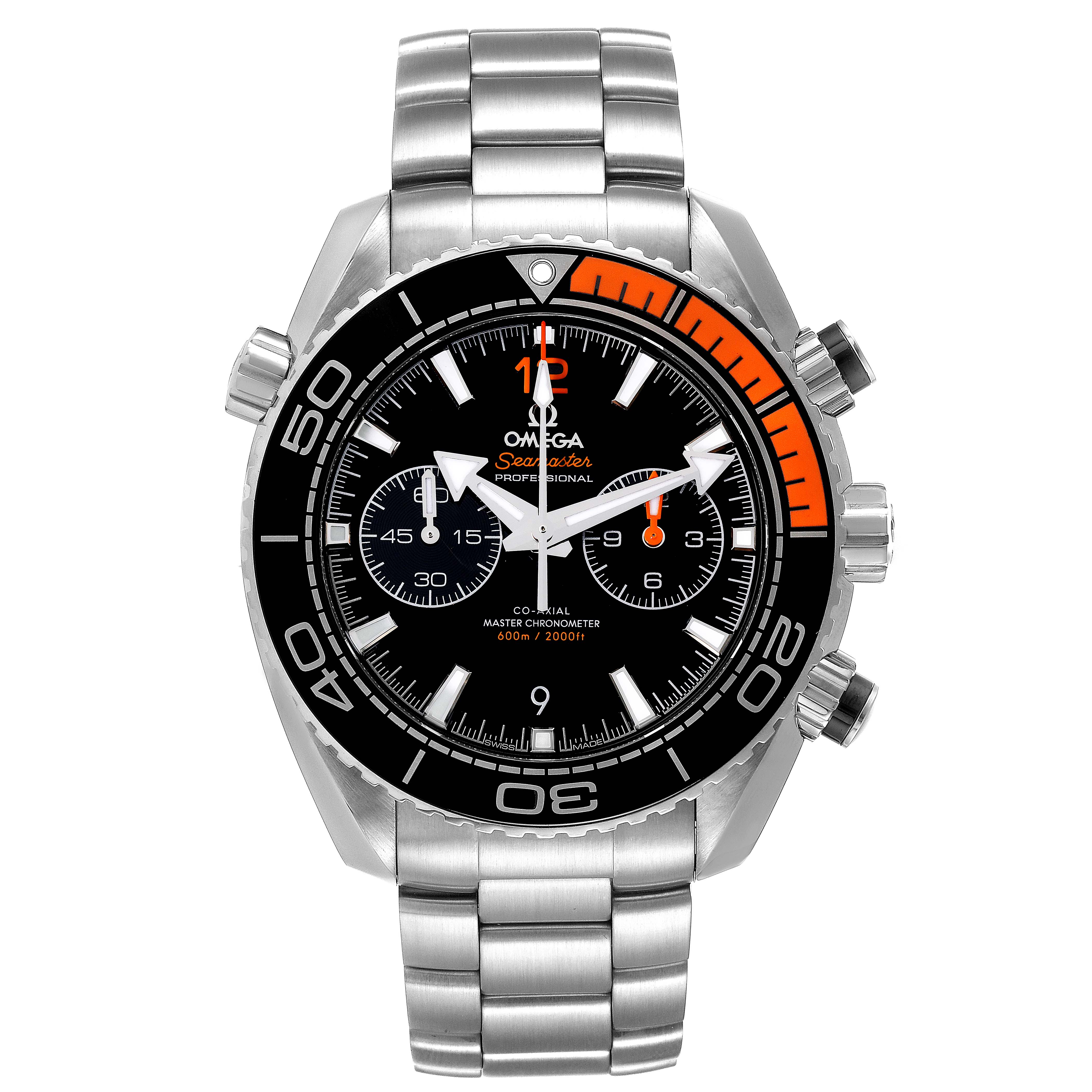 The image shows a front view of an Omega Planet Ocean 215.30.46.51.01.002 Men
s Stainless Steel Black Dial 215.30.46.51.01.002 Men
s Stainless Steel Black Dial watch, displaying its dial, bezel, and metal bracelet.