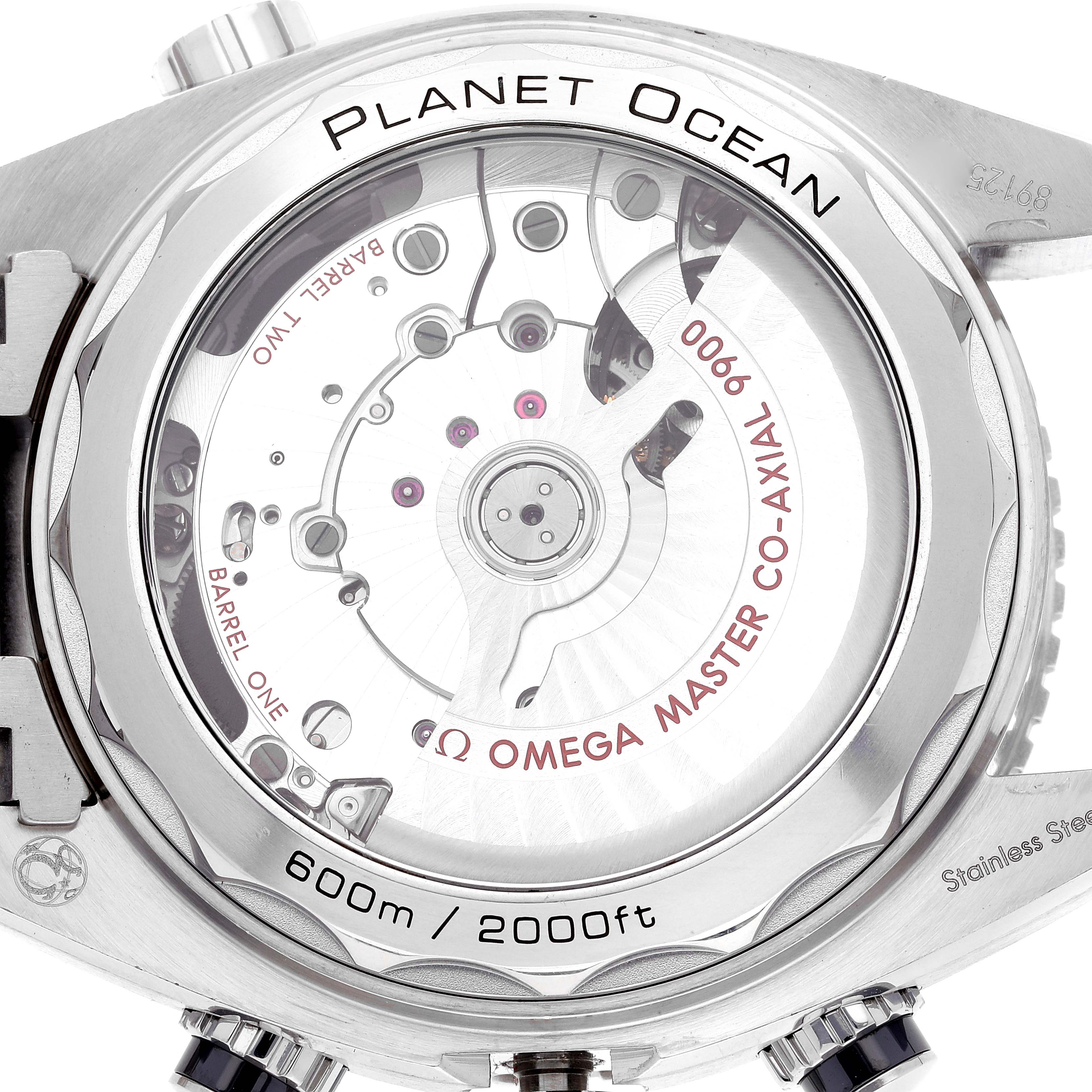 This image shows the back view of an Omega Planet Ocean 215.30.46.51.01.002 Men
s Stainless Steel Black Dial 215.30.46.51.01.002 Men
s Stainless Steel Black Dial watch, highlighting the movement and branding details.