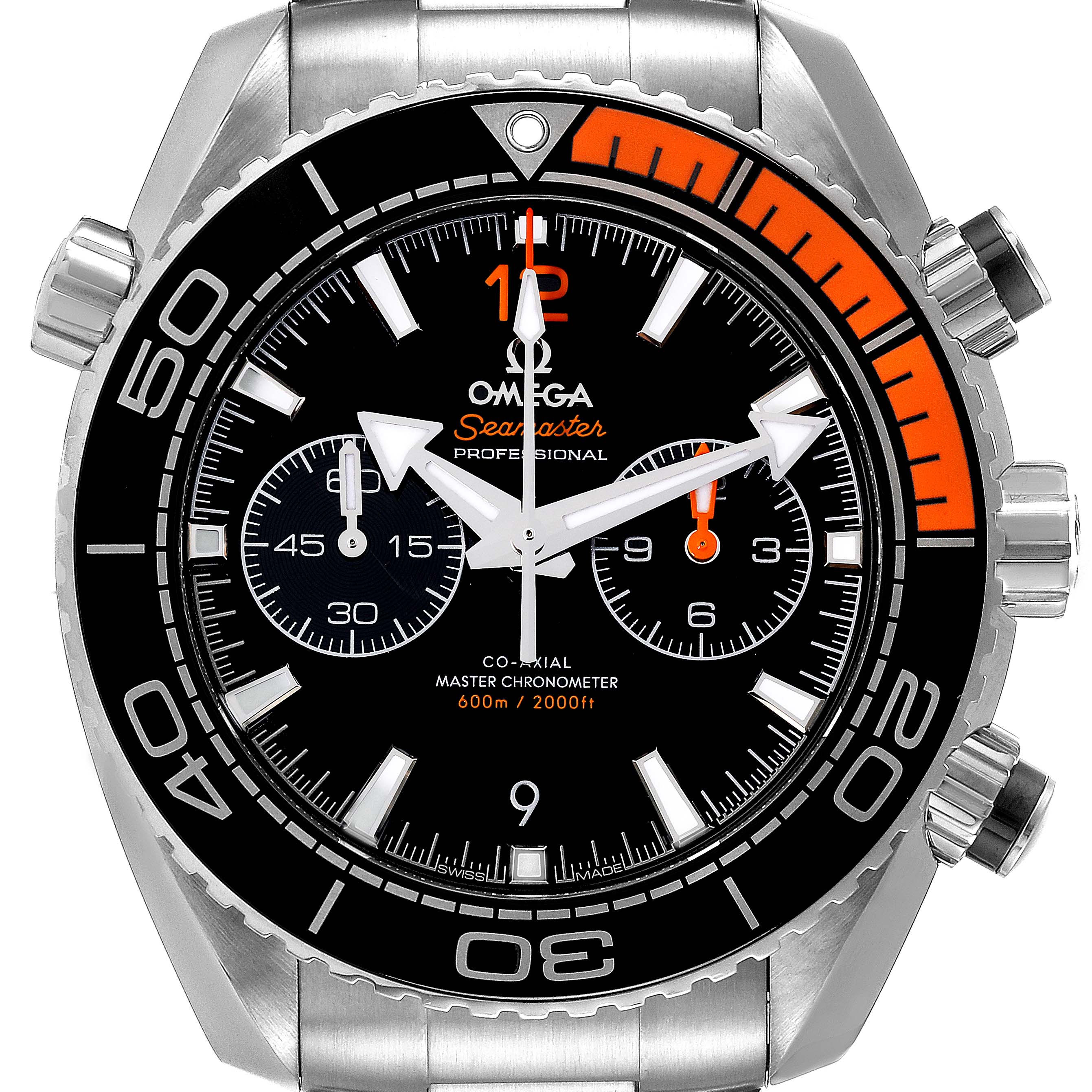 The image shows a front view of the Omega Planet Ocean 215.30.46.51.01.002 Men
s Stainless Steel Black Dial 215.30.46.51.01.002 Men
s Stainless Steel Black Dial model, highlighting its face, bezel, and side buttons.