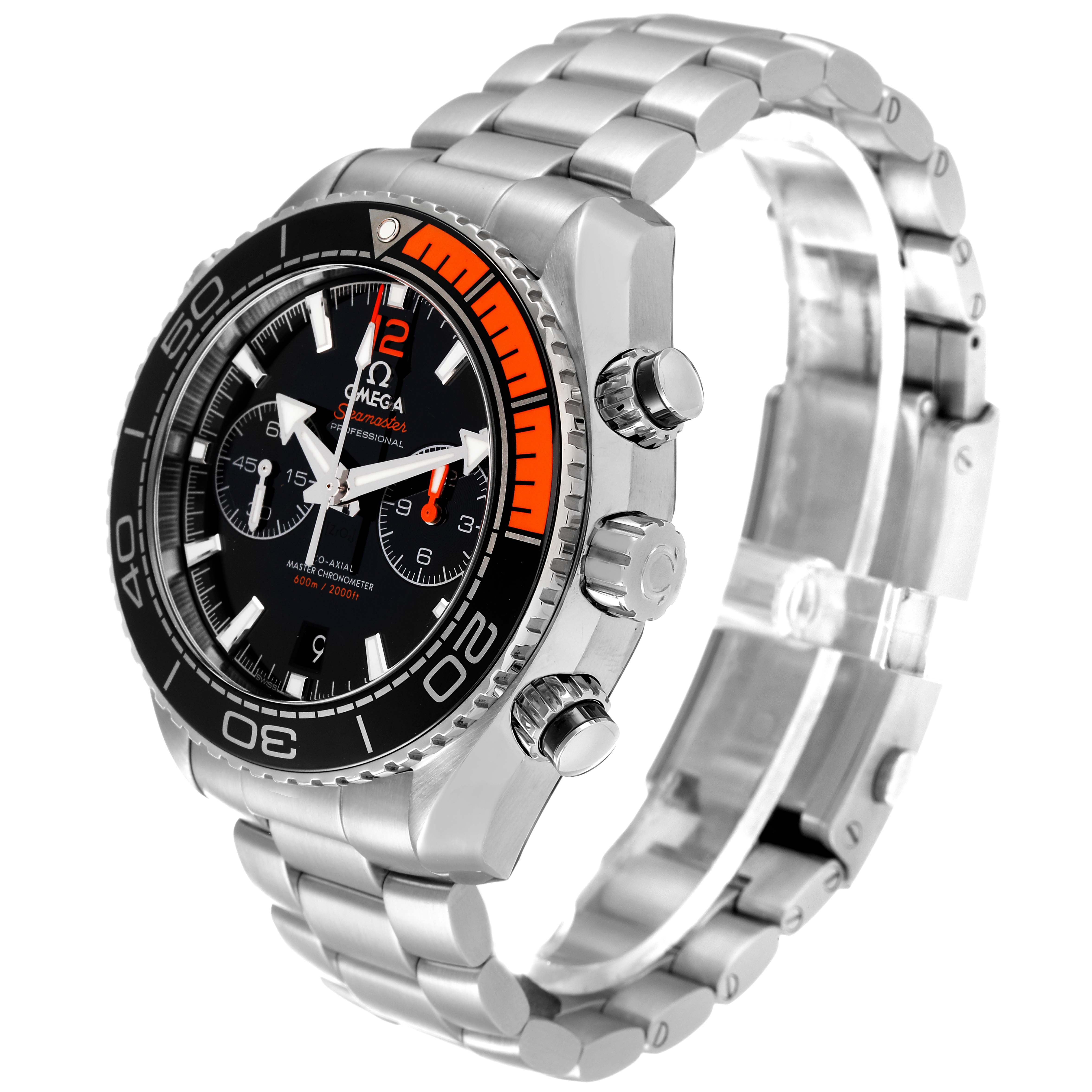 The image shows the front and right side of the Omega Planet Ocean 215.30.46.51.01.002 Men
s Stainless Steel Black Dial 215.30.46.51.01.002 Men
s Stainless Steel Black Dial watch, highlighting the bezel, bracelet, and crown.