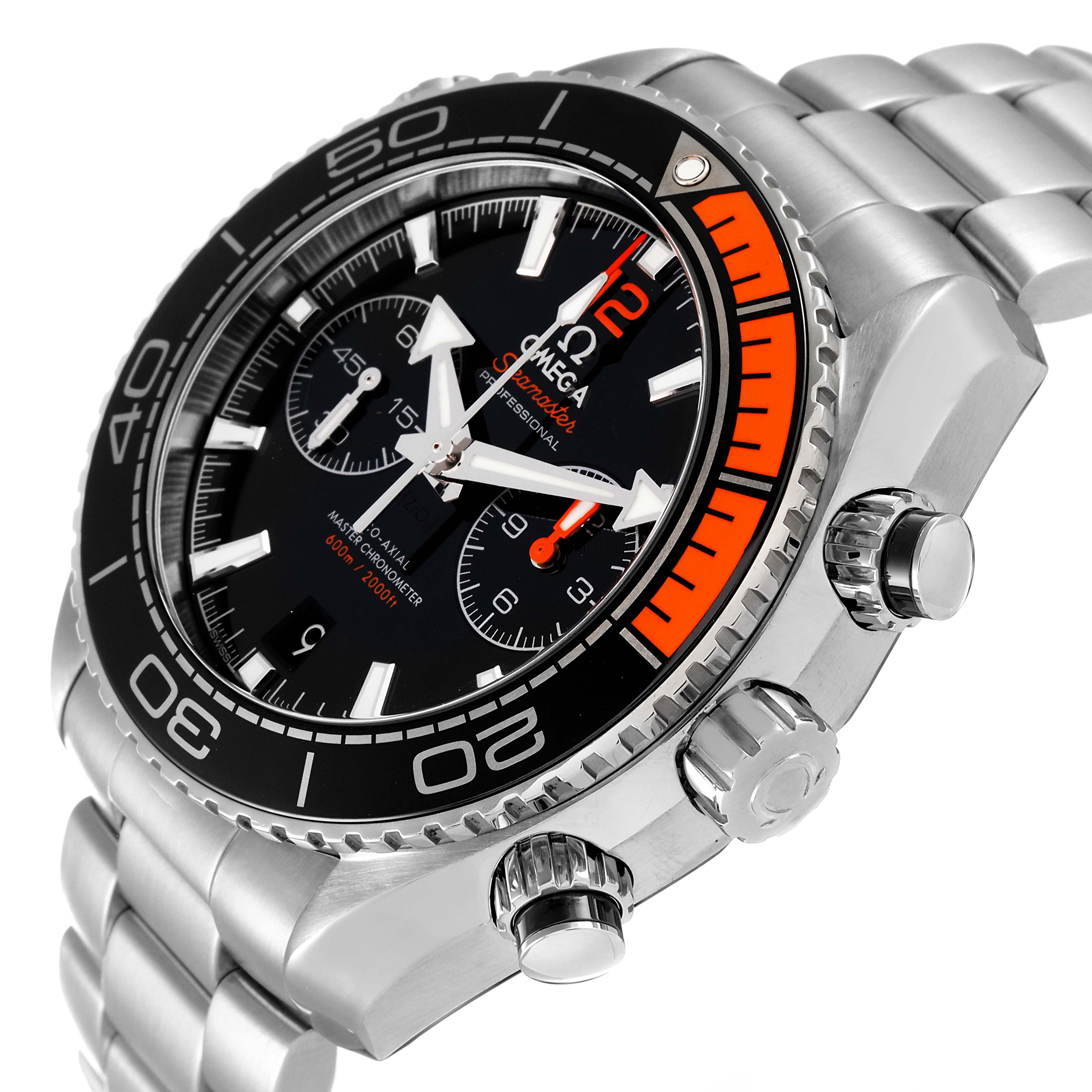 The image shows an angled view of the Omega Planet Ocean 215.30.46.51.01.002 Men
s Stainless Steel Black Dial 215.30.46.51.01.002 Men
s Stainless Steel Black Dial watch, highlighting its bezel, dial, pushers, and part of its bracelet.