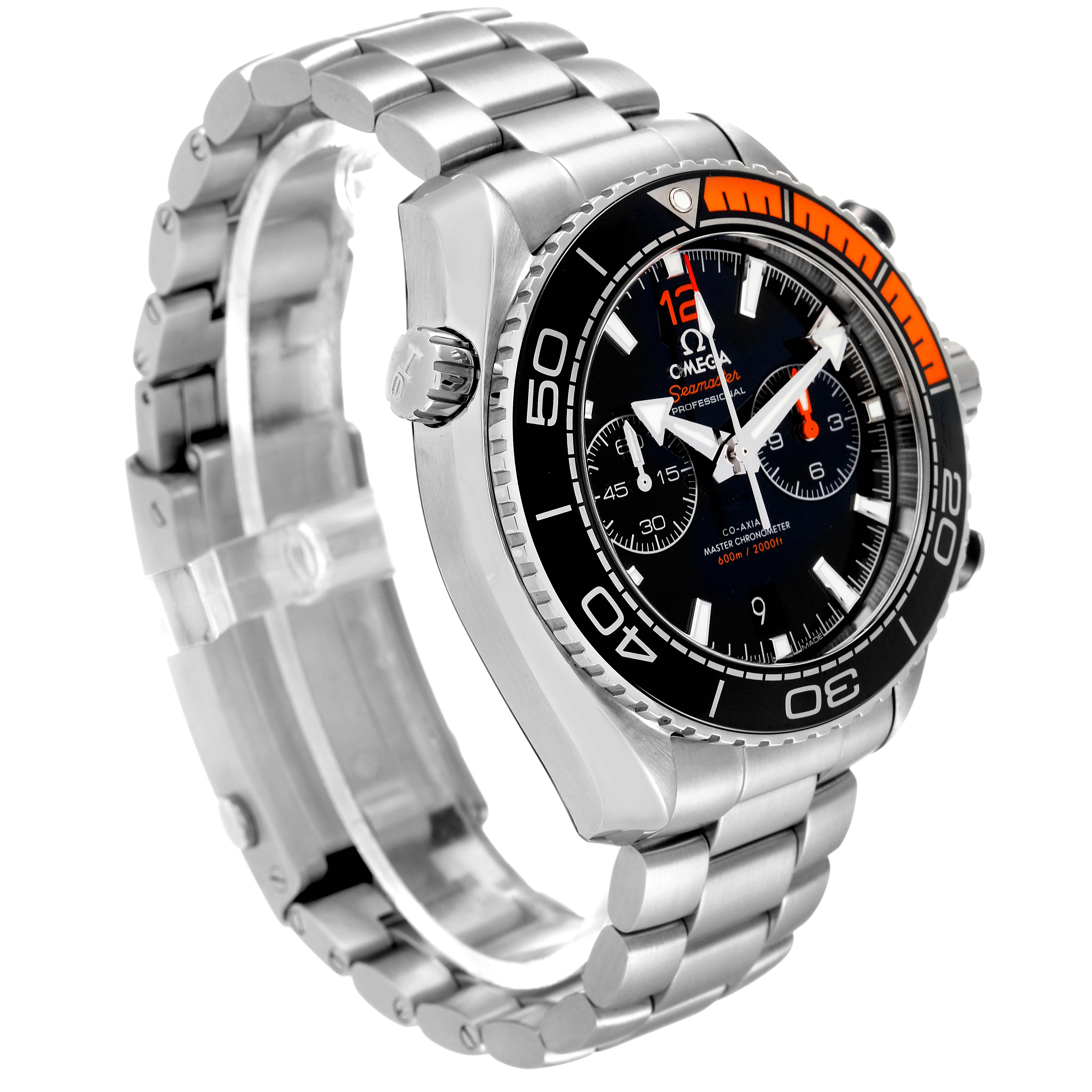 The image shows a side angle of an Omega Planet Ocean 215.30.46.51.01.002 Men
s Stainless Steel Black Dial 215.30.46.51.01.002 Men
s Stainless Steel Black Dial watch, highlighting the case, bezel, dial, and bracelet.