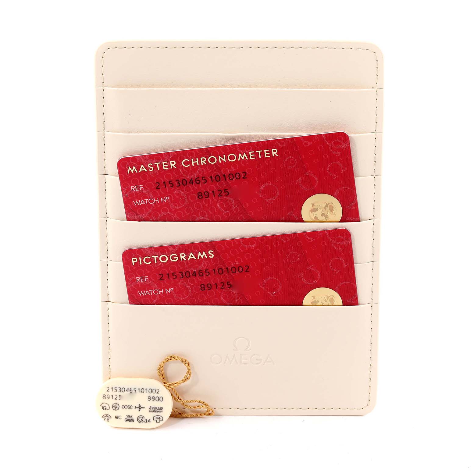 The image shows an Omega Planet Ocean 215.30.46.51.01.002 Men
s Stainless Steel Black Dial 215.30.46.51.01.002 Men
s Stainless Steel Black Dial watch accessory, including a card holder with red "Master Chronometer" and "Pictograms" cards.