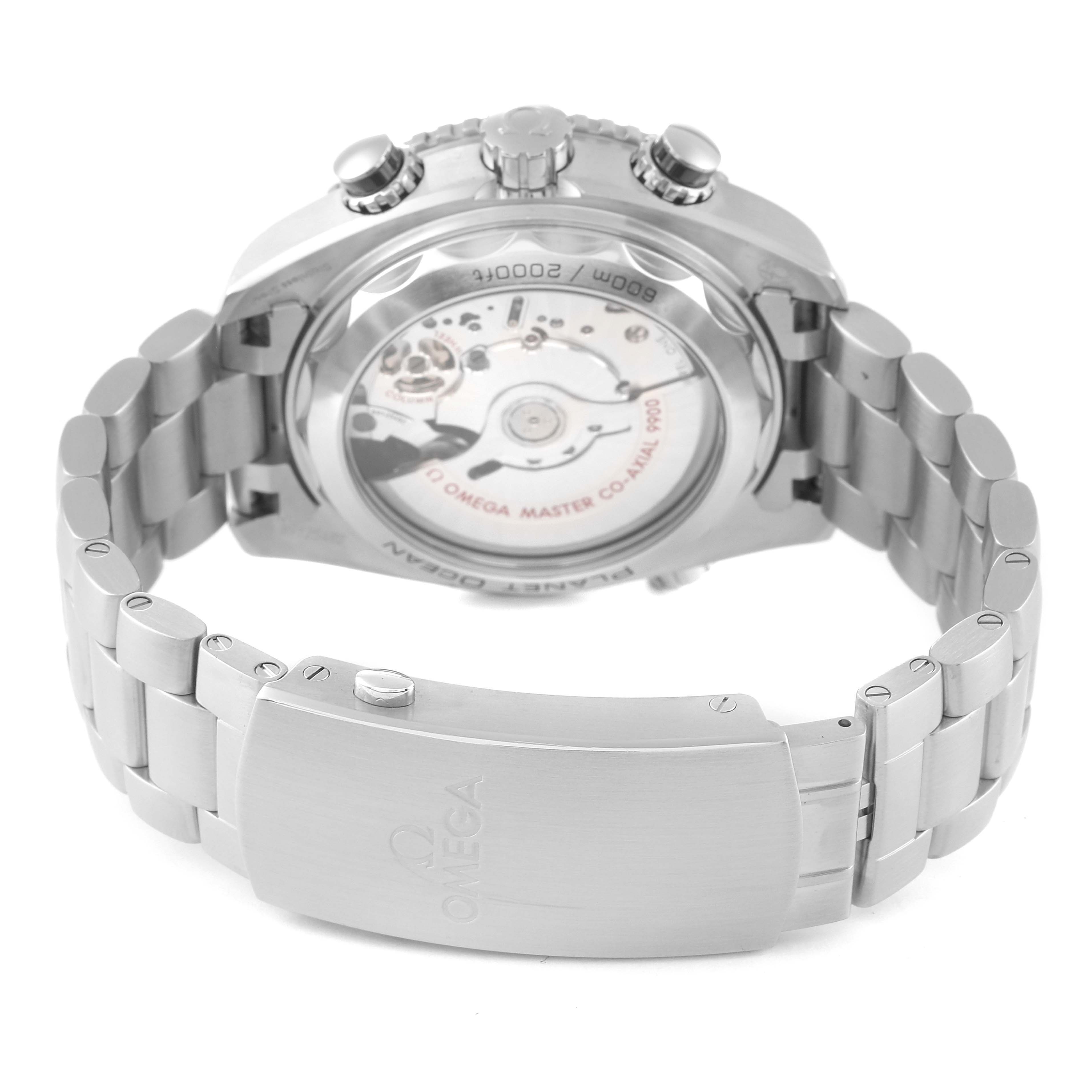 This image shows the back and bracelet of an Omega Planet Ocean 215.30.46.51.01.002 Men
s Stainless Steel Black Dial 215.30.46.51.01.002 Men
s Stainless Steel Black Dial watch, highlighting the clasp and the watch
s internal movement.