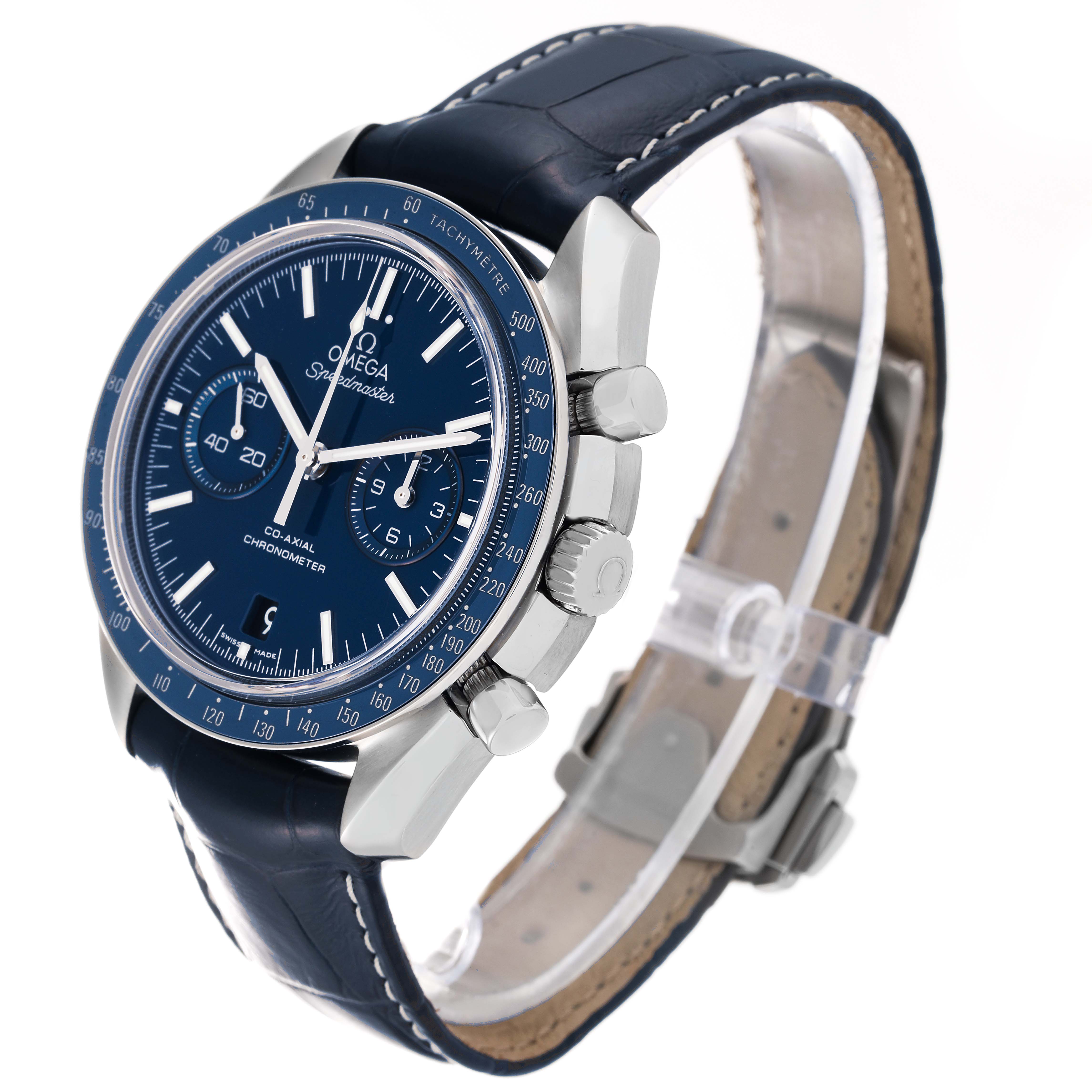 This Omega Speedmaster 311.93.44.51.03.001 Men's Titanium Blue Dial 311.93.44.51.03.001 Men's Titanium Blue Dial is shown at an oblique angle, highlighting its blue dial, tachymeter bezel, chronograph buttons, and leather strap.