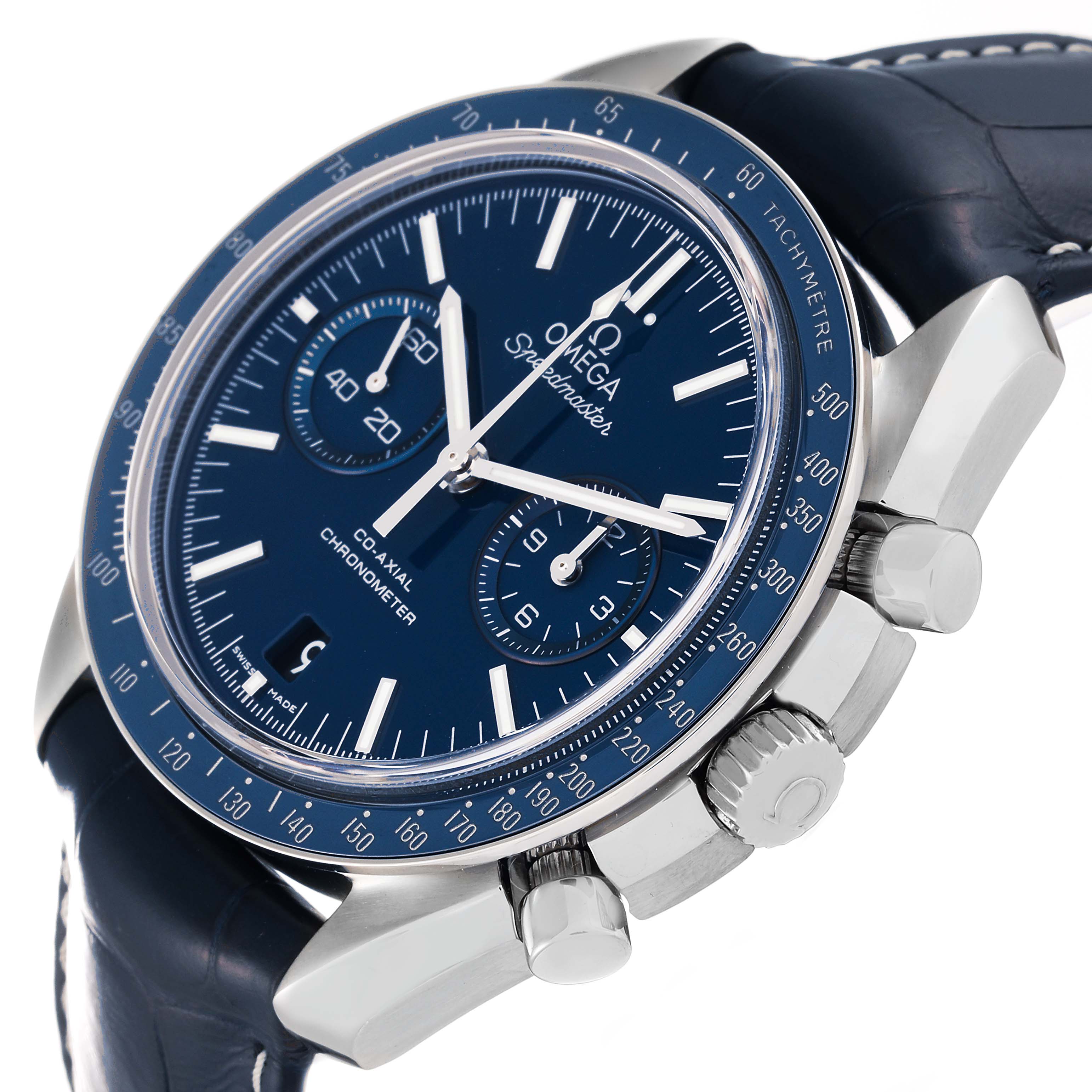 The image shows a side and angled view of the Omega Speedmaster 311.93.44.51.03.001 Men's Titanium Blue Dial 311.93.44.51.03.001 Men's Titanium Blue Dial, highlighting its dial, bezel, crown, and pushers.