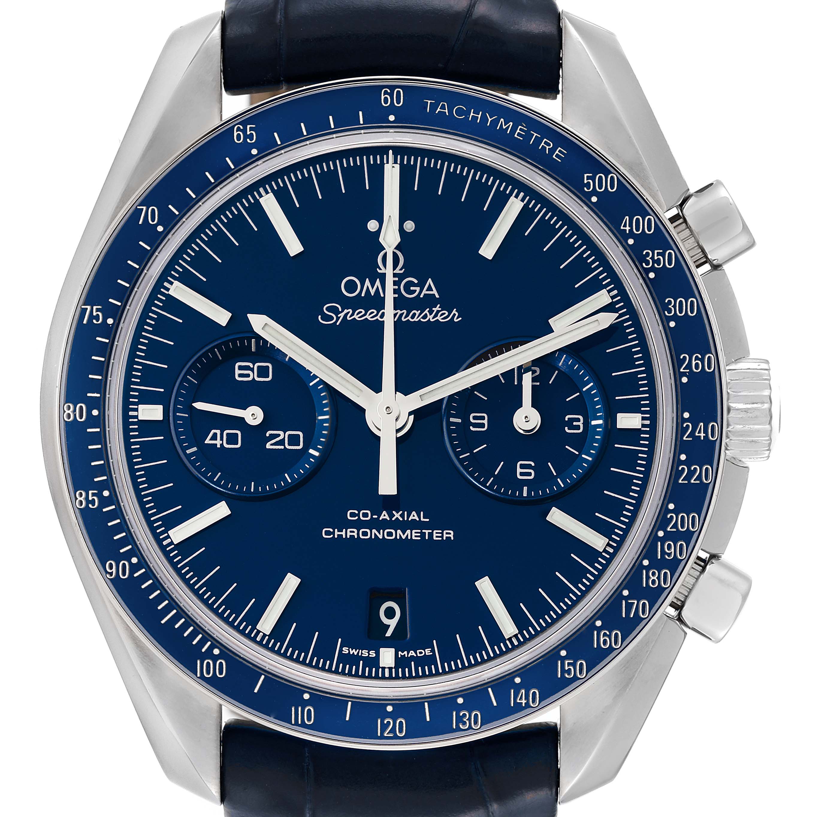 The Omega Speedmaster 311.93.44.51.03.001 Men's Titanium Blue Dial 311.93.44.51.03.001 Men's Titanium Blue Dial watch is shown from the front, displaying its blue dial, chronometer sub-dials, and tachymeter bezel.