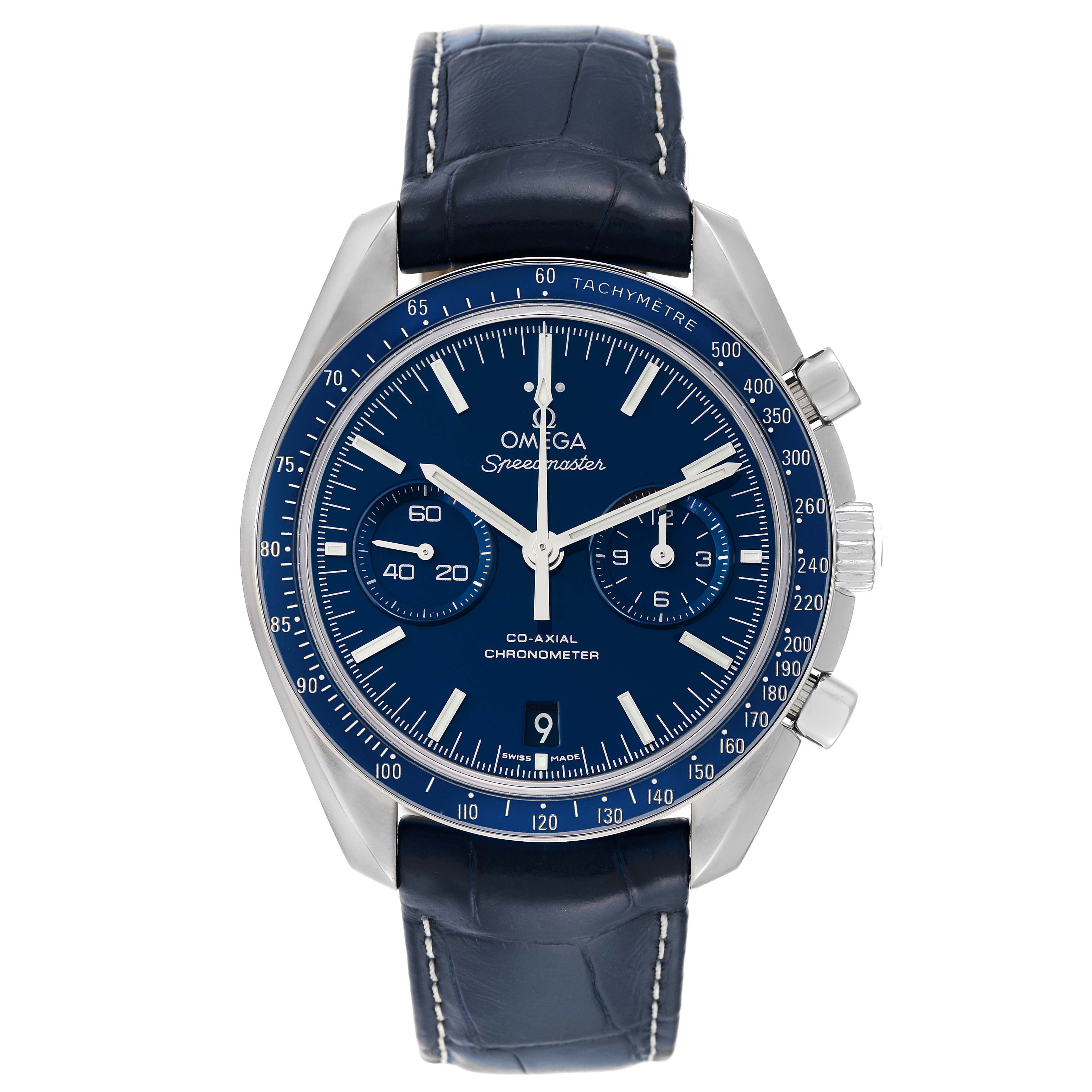 The Omega Speedmaster 311.93.44.51.03.001 Men's Titanium Blue Dial 311.93.44.51.03.001 Men's Titanium Blue Dial watch is shown from the front, detailing the dial, subdials, tachymeter bezel, and blue leather strap.