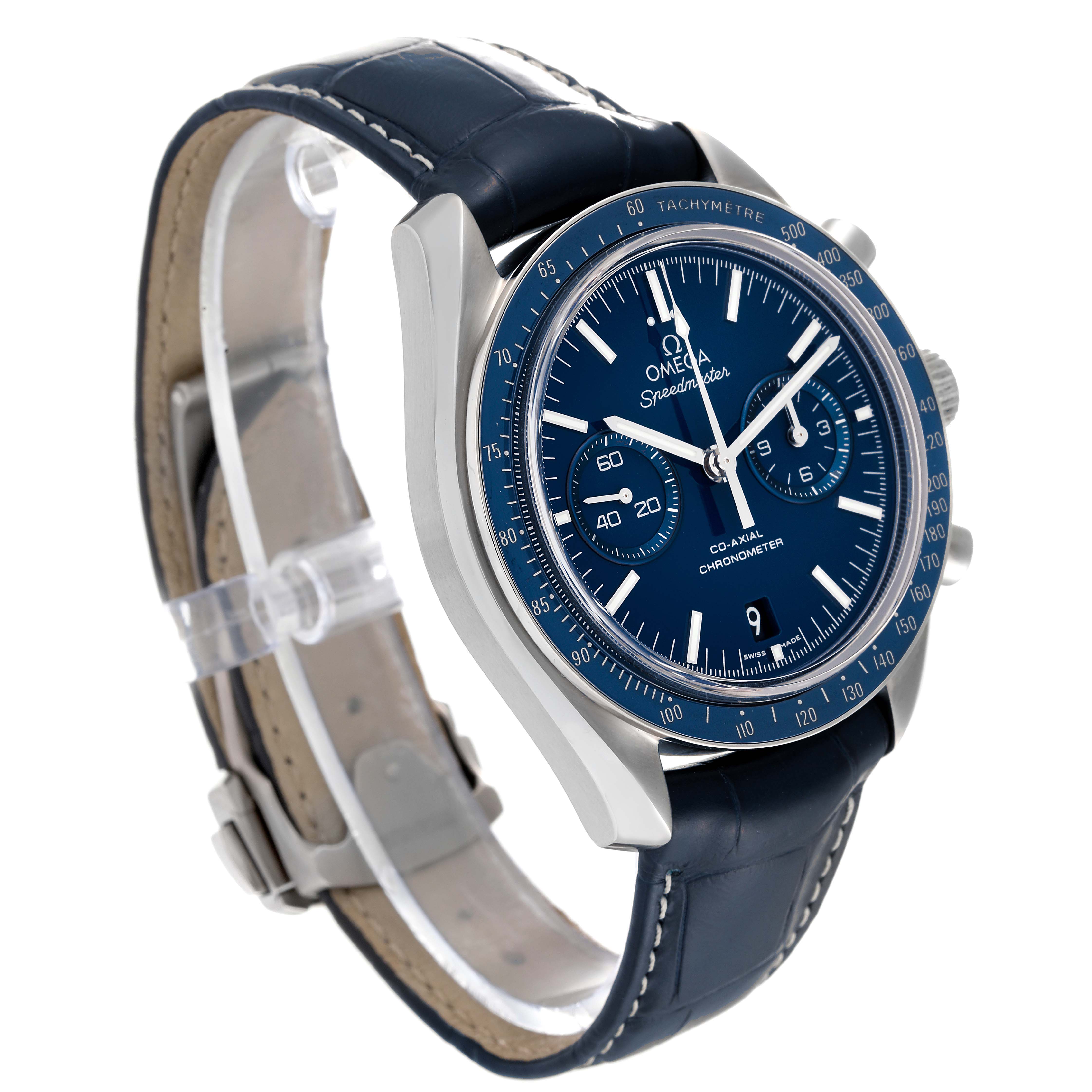 The Omega Speedmaster 311.93.44.51.03.001 Men's Titanium Blue Dial 311.93.44.51.03.001 Men's Titanium Blue Dial watch is shown at a three-quarter angle, displaying the dial, bezel, and leather strap.