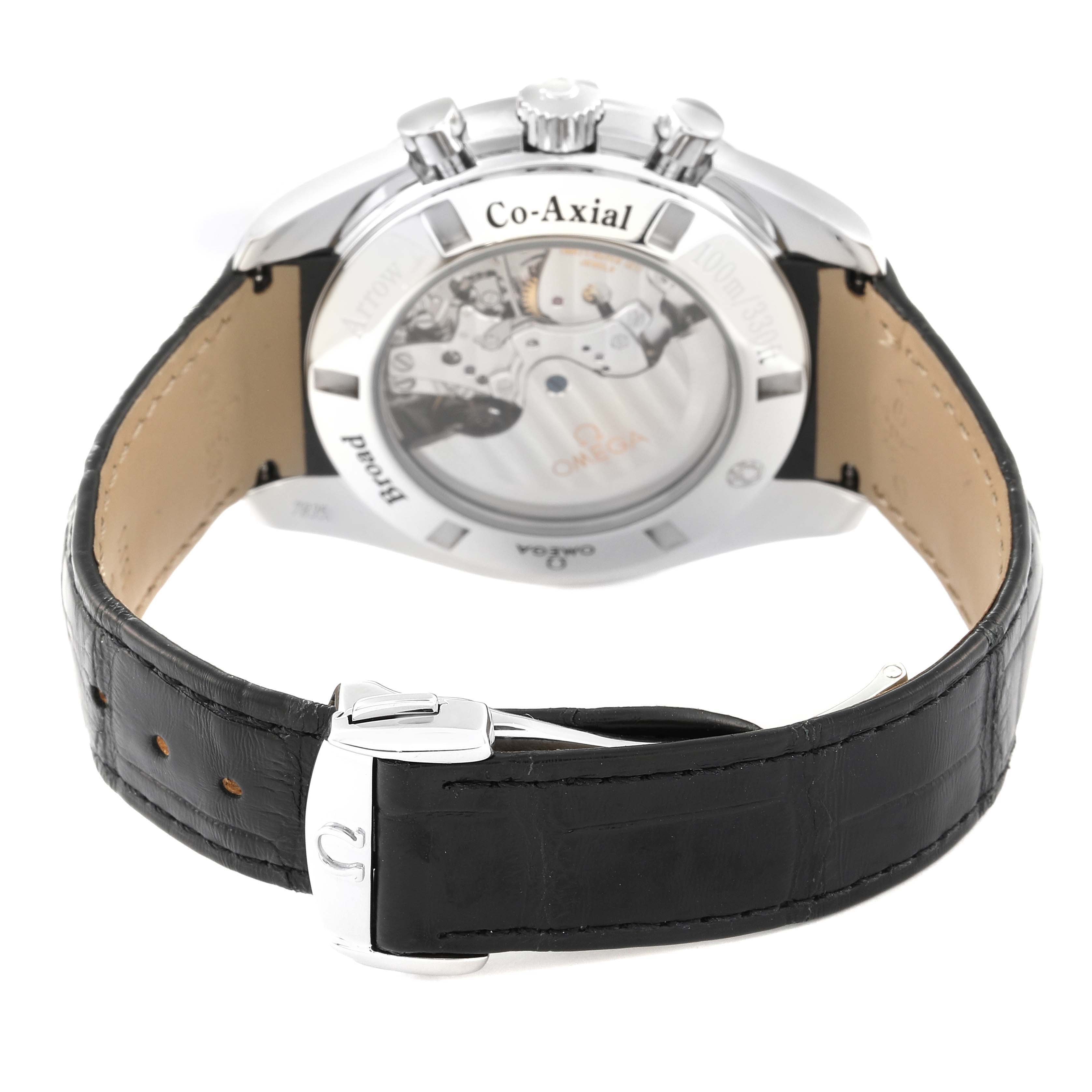 The image shows the back of an Omega Speedmaster 321.13.44.50.02.001 Men's Stainless Steel Red Dial 321.13.44.50.02.001 Men's Stainless Steel Red Dial watch, highlighting its Co-Axial movement and leather strap.