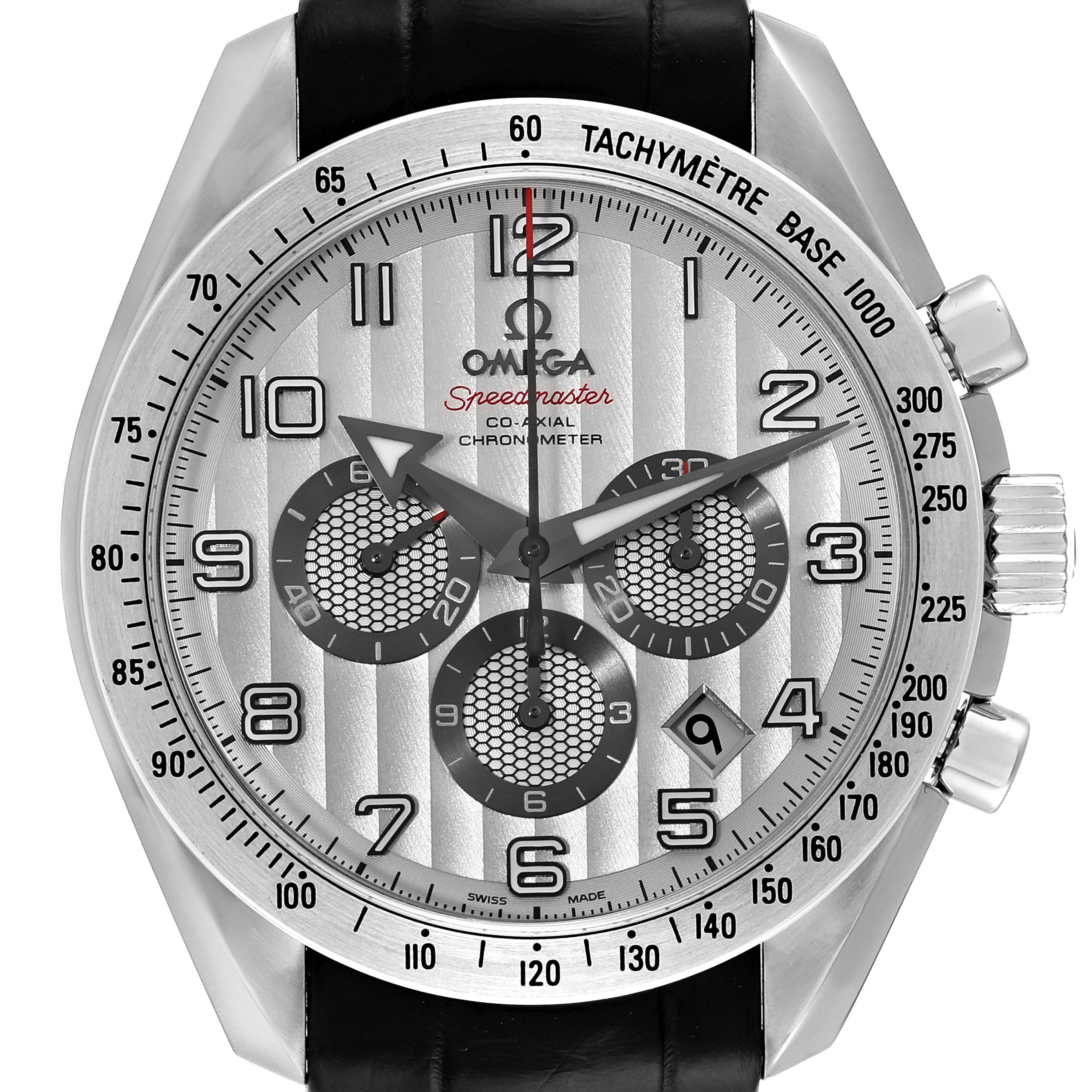 The image shows a front view of an Omega Speedmaster 321.13.44.50.02.001 Men's Stainless Steel Red Dial 321.13.44.50.02.001 Men's Stainless Steel Red Dial watch, featuring its dial, hands, subdials, and tachymeter bezel.