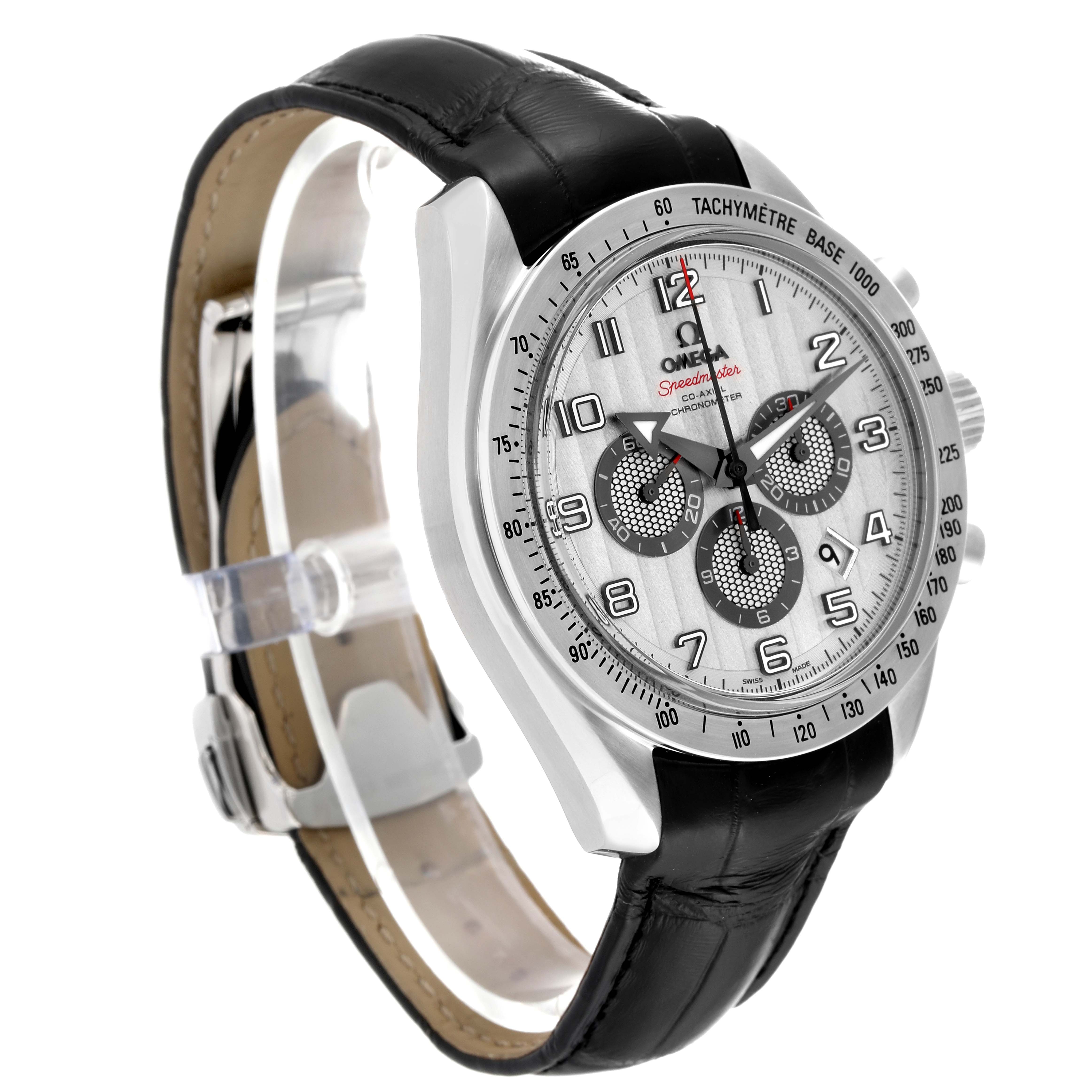 This image shows the Omega Speedmaster 321.13.44.50.02.001 Men's Stainless Steel Red Dial 321.13.44.50.02.001 Men's Stainless Steel Red Dial watch at a slight side angle, featuring the watch face, bezel, case, and black leather strap.