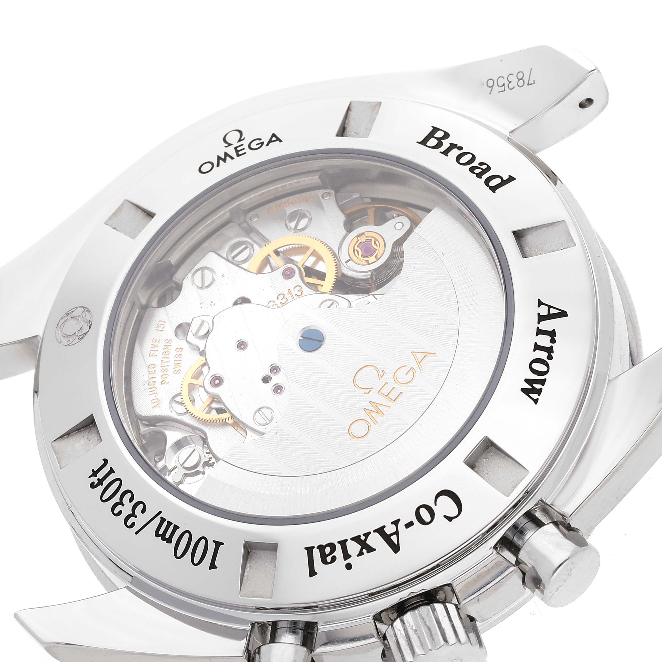 The image shows the case back of the Omega Speedmaster 321.13.44.50.02.001 Men's Stainless Steel Red Dial 321.13.44.50.02.001 Men's Stainless Steel Red Dial Broad Arrow, highlighting the movement through a transparent case.